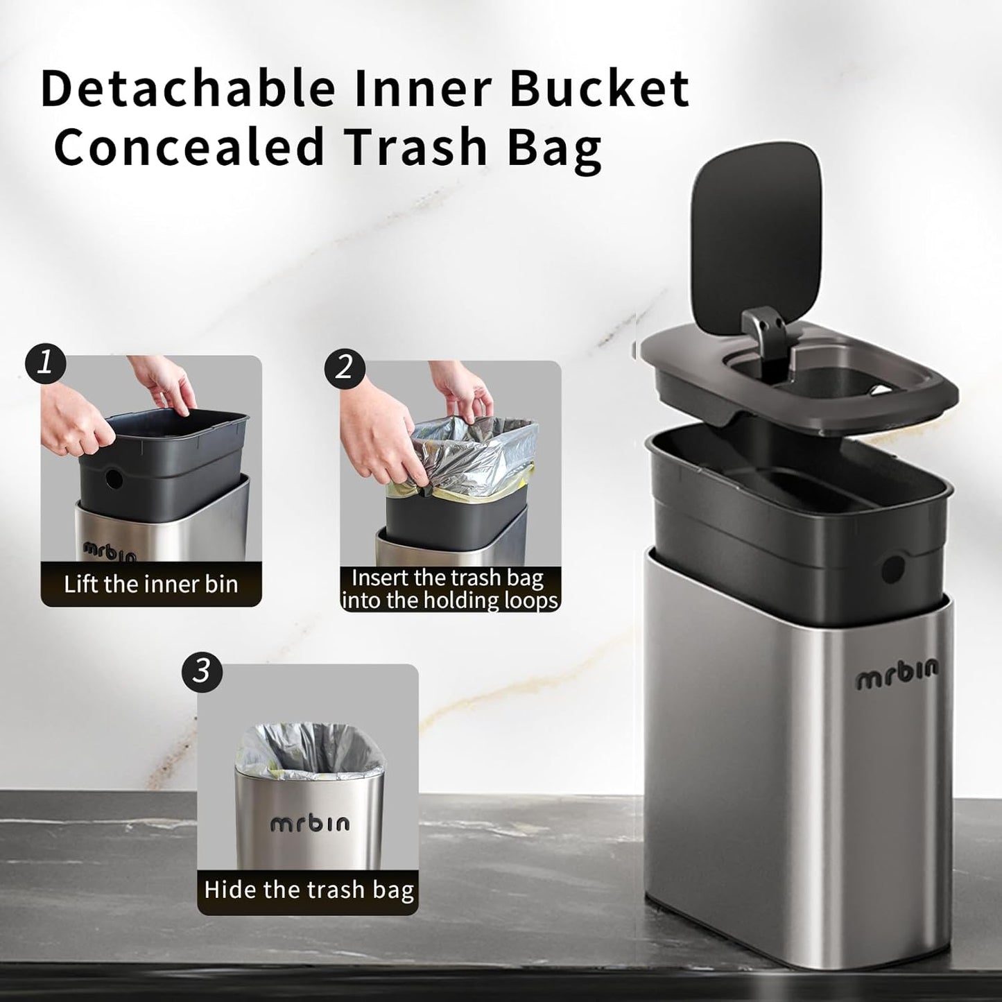 MRBIN Stainless Steel Motion Sensor Bathroom Trash Can, 10L / 2.6gal Slim Smart Toilet Waste Basket with Lid, Automatic Touchless Kitchen Bucket for Narrow Restroom, Vanity, Rv, Eclipse Grey