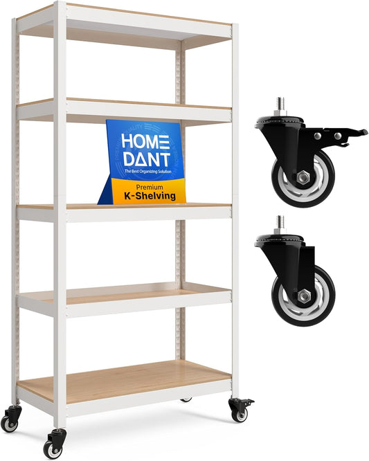 HOMEDANT House White 5-Tier Metal Rolling Cart Shelf Rack Casters Heavy Duty Wheel Shelving Unit Adjustable Utility Storage Shelves Organizer Shelf Kitchen Garage 36.2" W x 16.5" D x 69.5" H 1Pack