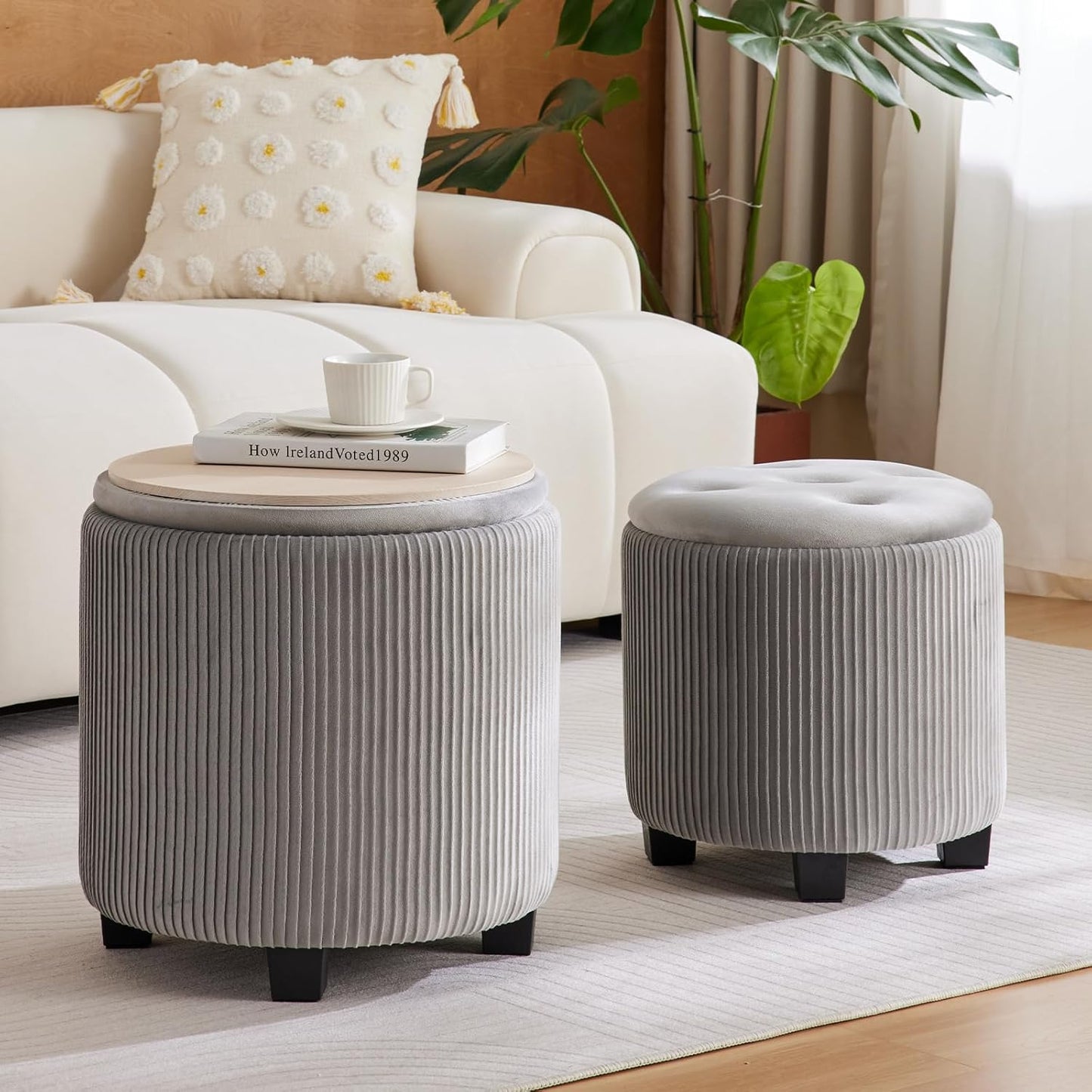 Big Round Ottoman with Storage Set of 2,Upholstered Velvet Vanity Stool for Makeup Multifunctional Foot Rest Coffee Table Padded Seat Tufted Ottomans for Living Room&Bedroom (Grey)