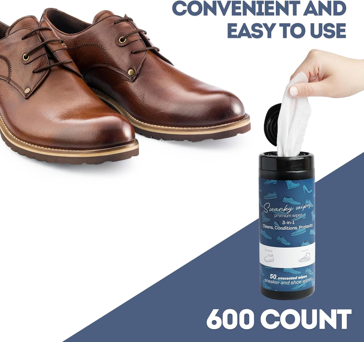 Swanky Shoe Cleaner Wipes - Leather and Sneaker Cleaner, Removes Dirt, Grime and Stains, Quick & Easy Shoe Sole and Boot Cleaning Wipes, Essential Shoe Cleaning Supplies - Canister, 600 Count