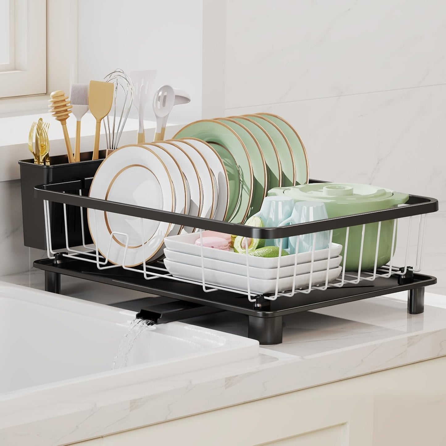 Dish Drying Rack - Space-Saving Dish Rack,Dish Racks for Kitchen Counter with Drainboard, Rustproof Dish Drainer with a Removable 4-Compartment Utensil Holder,Black-White