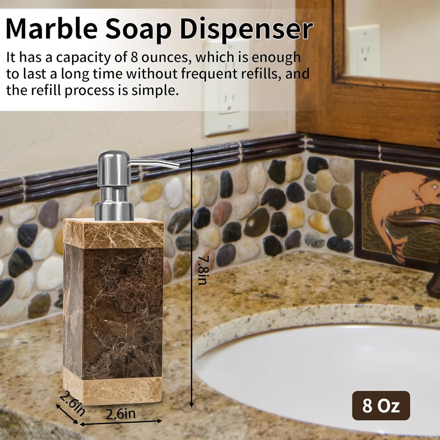 Marble Soap Dispenser, Amaauto Lotion&Hand Soap Dispenser with Stainless Steel Pump for Bathroom Kitchen Countertop, 8 Ounces Soap Dispensers