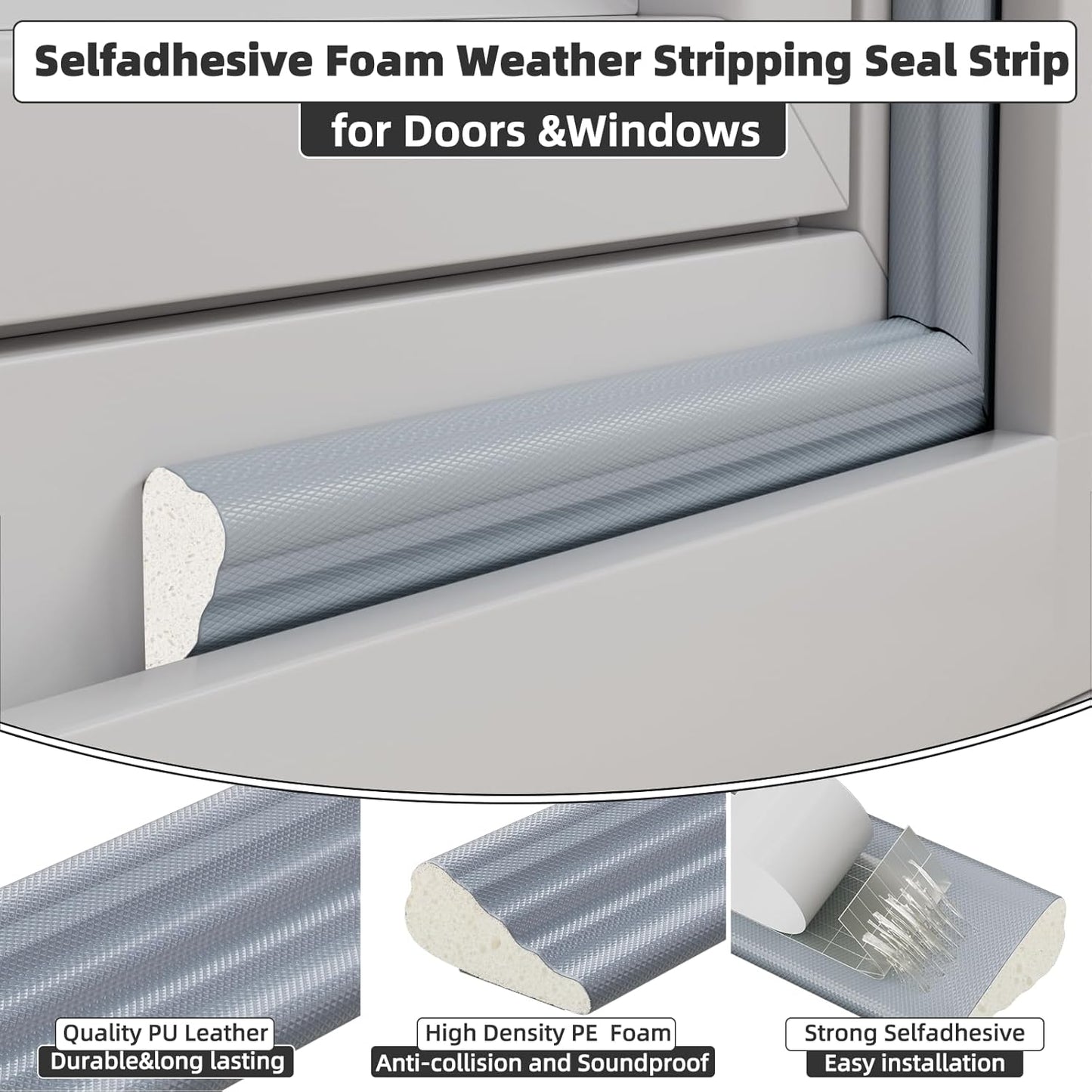 3 Pack*16.4 Ft Weather Stripping Seal Strip for Doors,Soundproofing Window Insulation Draft Stopper for Winter, Selfadhesive Foam Weather Strip for Door Frame,Door Gap Filler Noise Blocker(Gray)