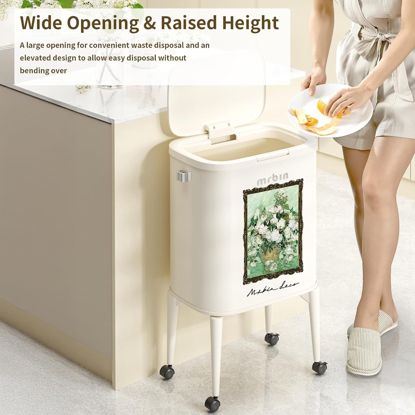 MRBIN Metal Kitchen Trash Can with Wheel Legs, 36L / 9.5gal Medium Press Lid Slim Removable Waste Basket, Pet Proof Tall Narrow Garbage Pail for Vanity, Bedroom, Bathroom, Living Room, White Rose