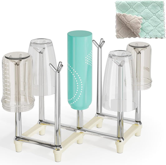Marbrasse Retractable Cup Drying Rack, Drinking Glass and Sports Bottle Drainer Stand, Plastic Bag Dryer with Non-Slip Bottom for Kitchen Countertop - White