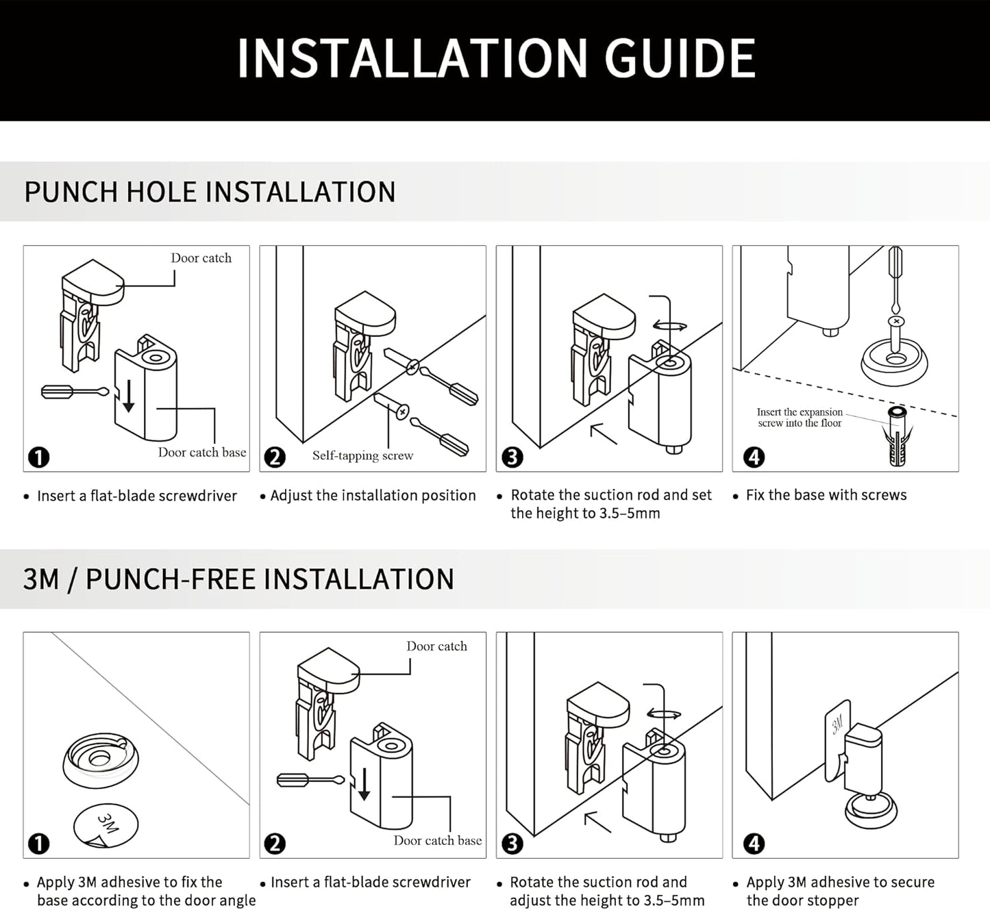 Windproof Magnetic Door Stoppers, 0-0.78" Stroke Mechanical Doorstop, No-Hole Flooring Door Suction with 3M Strong Adhesive and Screws, Black, 1 Pack