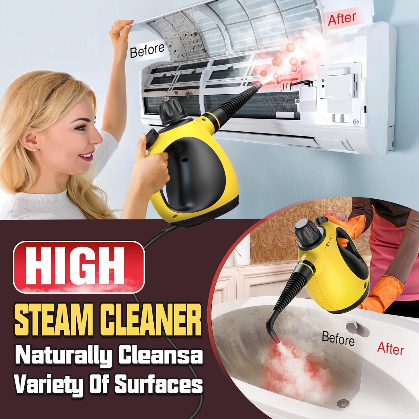 Pressurized Handheld Steam Cleaner for Home, Multi-Surface Steamer with 12 Accessories, 12.8oz Natural Steamer for Cleaning Car, Bathroom, Shower, Upholstery, Grout, Window, Grease