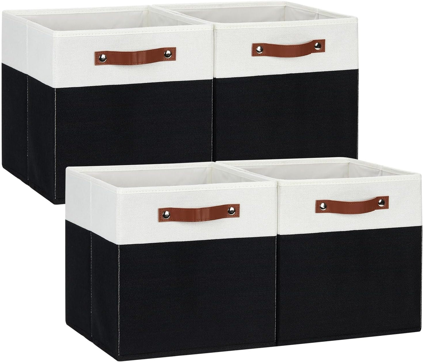 DULLEMELO Fabric Storage Bins for Shelves, Cube Storage Organizer Bins with PU Handles, Set of 4 Decorative Collapsible Storage Bins for Cube Storage,White&Black