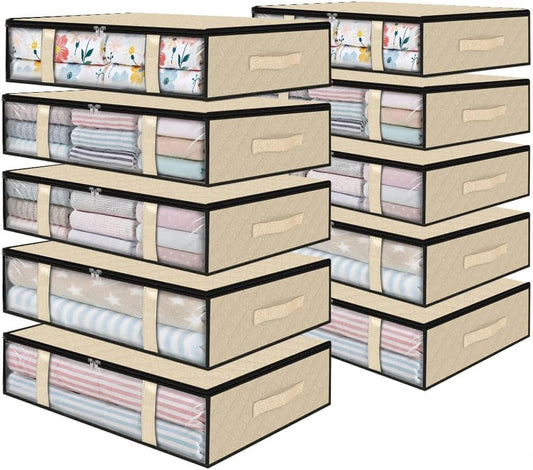 StorageRight Under Bed Storage Bins, 8-Pack 40L Foldable Fabric Storage Bags with Transparent Window, Breathable Organizer for Clothes/Blanket/Comforter/Quilts,Beige