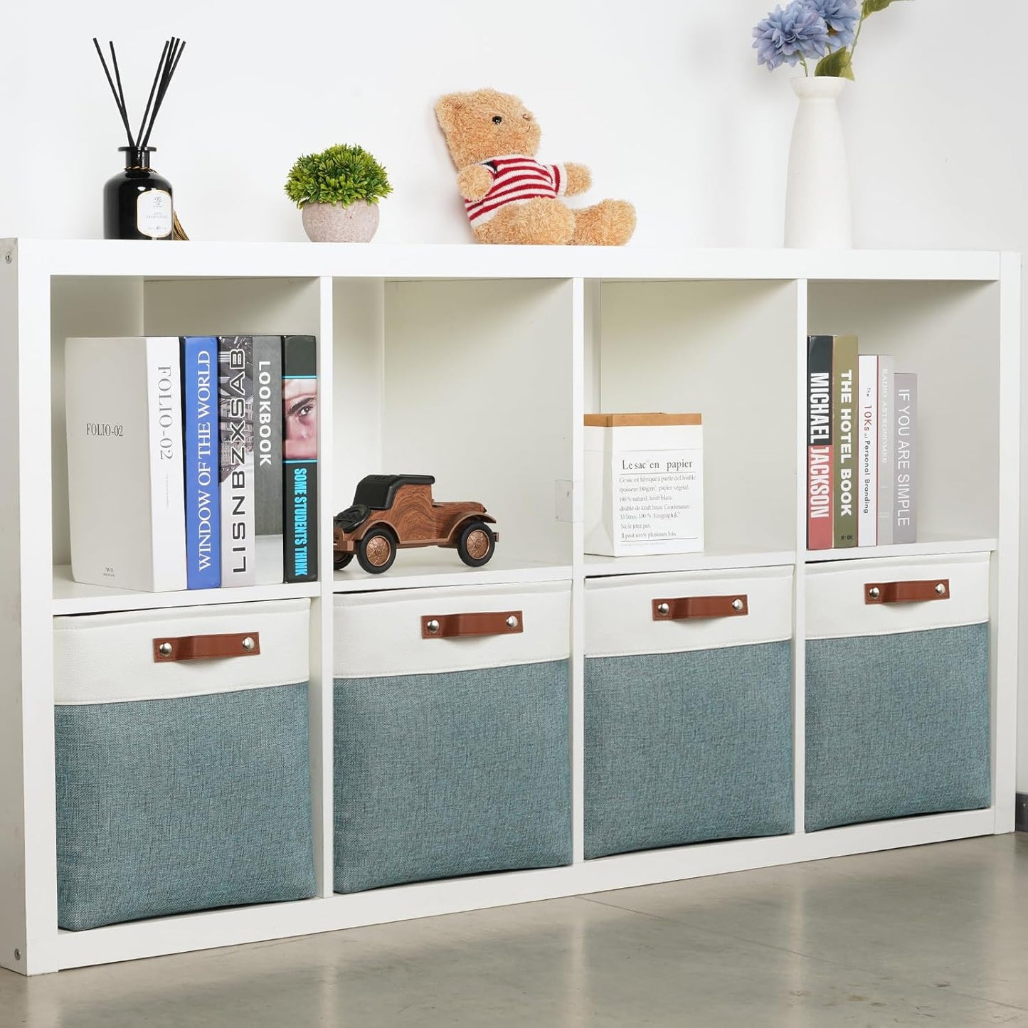 DULLEMELO Storage Bins, 4 Pack Of 13x13x13 Decorative Storage Cube Bins Suit Office, Home, Shelves And Closet, Stackale Gift Baskets Empty with Leather handle (White&Deep Green)