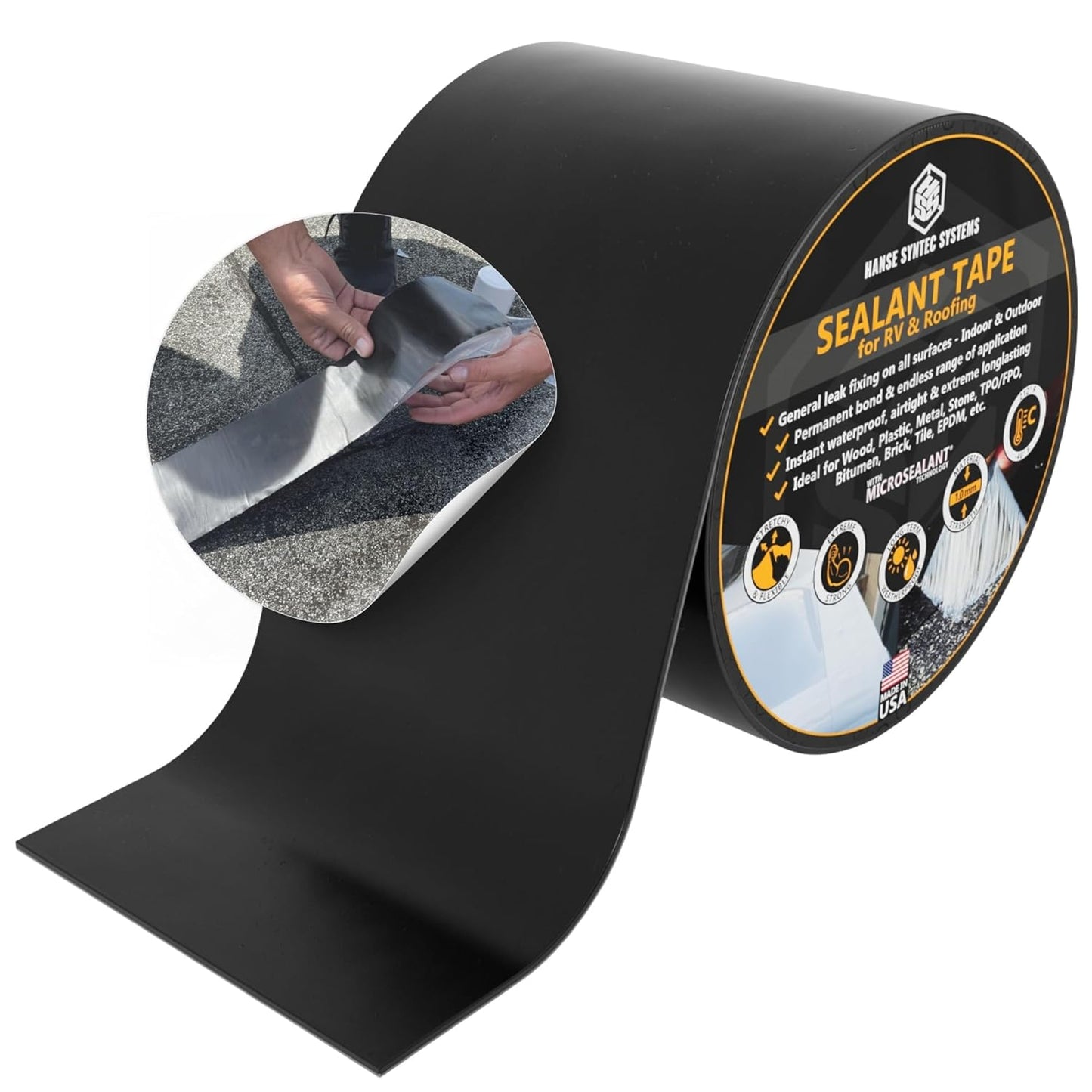 HSS Sealant Tape with MicroSealant - Waterproof Commercial Roofing Tape for Roof and RV Repair - UV- & Weatherproof (Black, 4 inch x 50 feet)