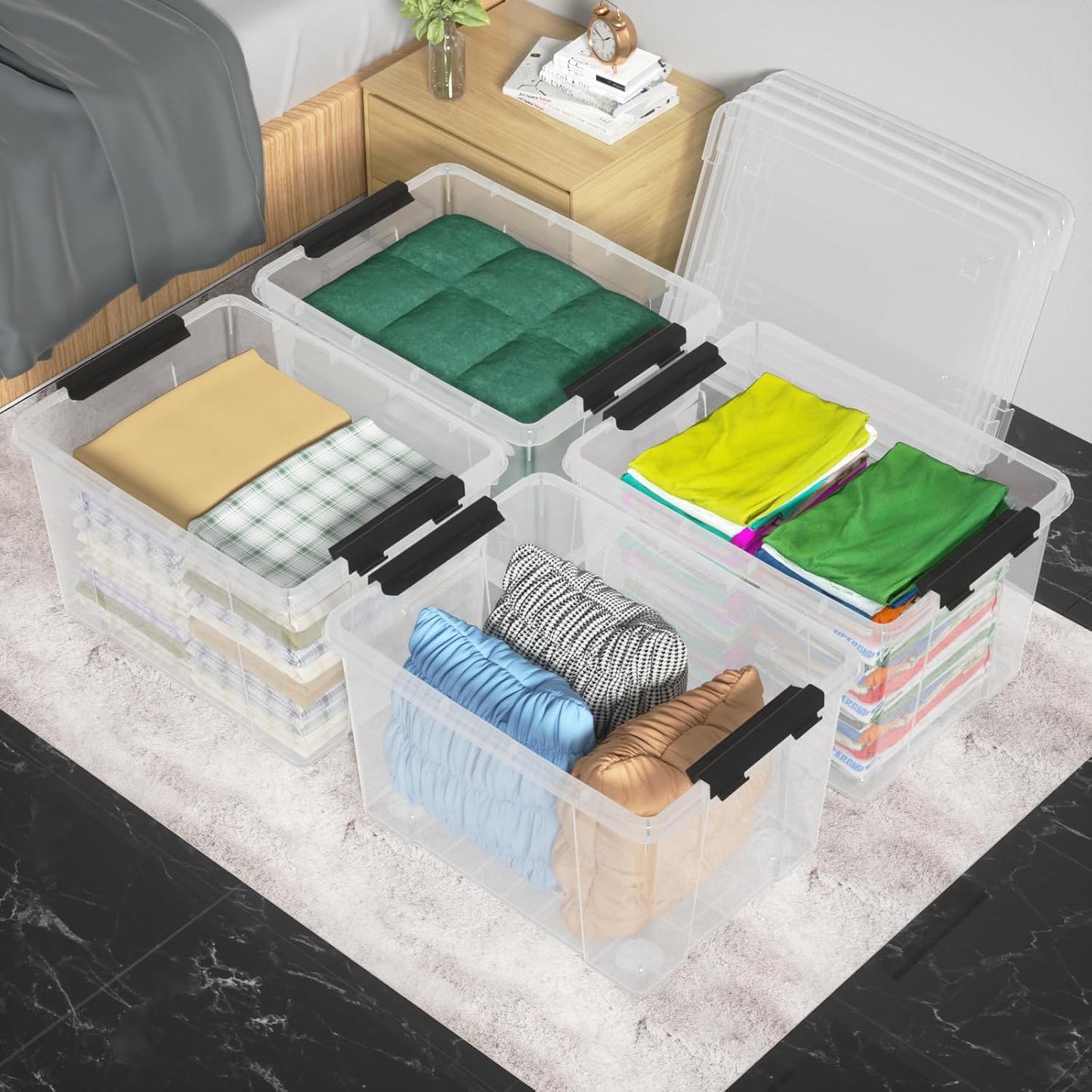 35 Quart Latching Storage Box with Wheels, See-Through Base Plastic Container Bins with Secure Latching Lid, Black Latch, (4-Pack)