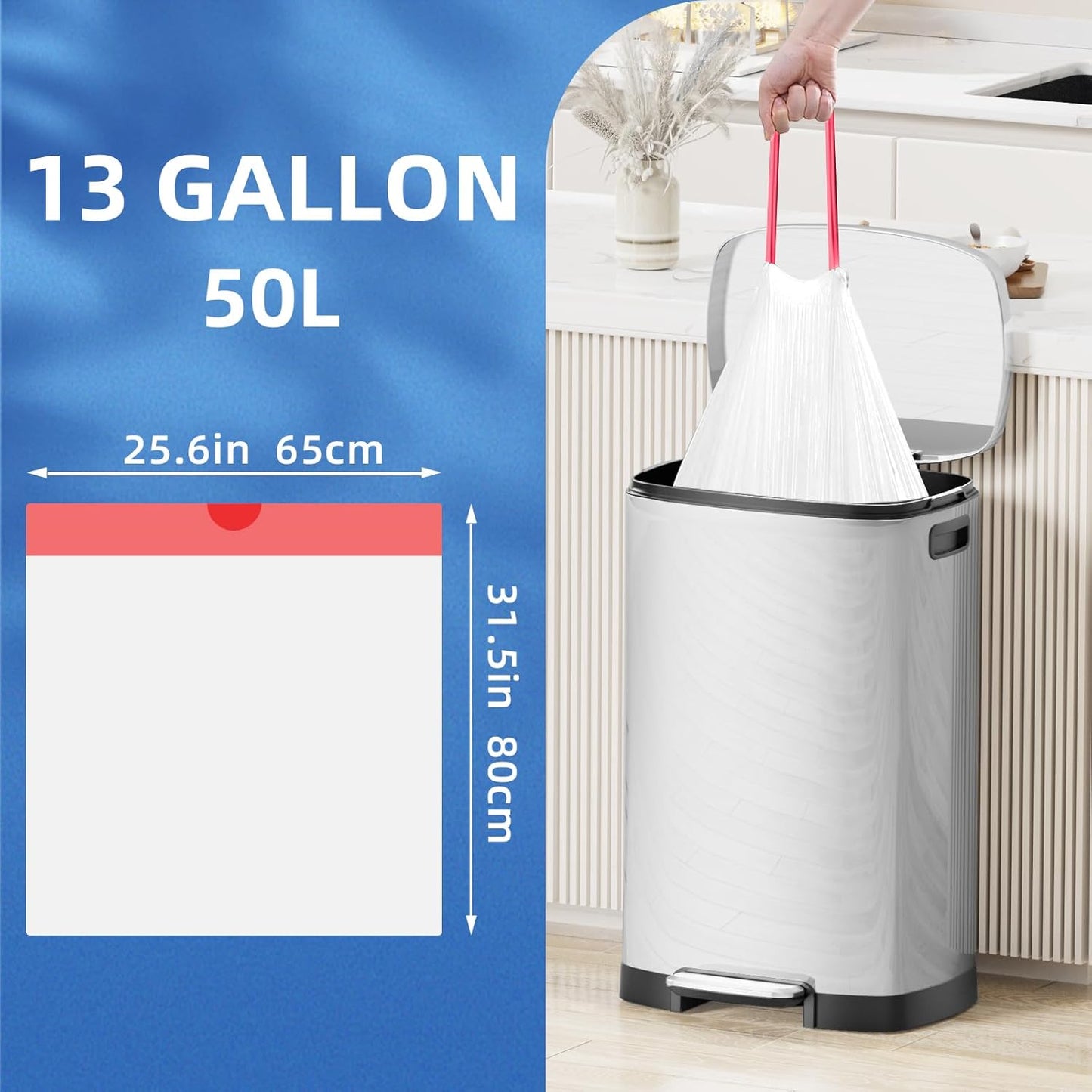 13.2 Gallon Tall Kitchen Drawstring Trash Bags, 120 Count Pre-separated Garbage Bags, Unscented, Leak Proof, Waste Bag for Kitchen, Office, Home