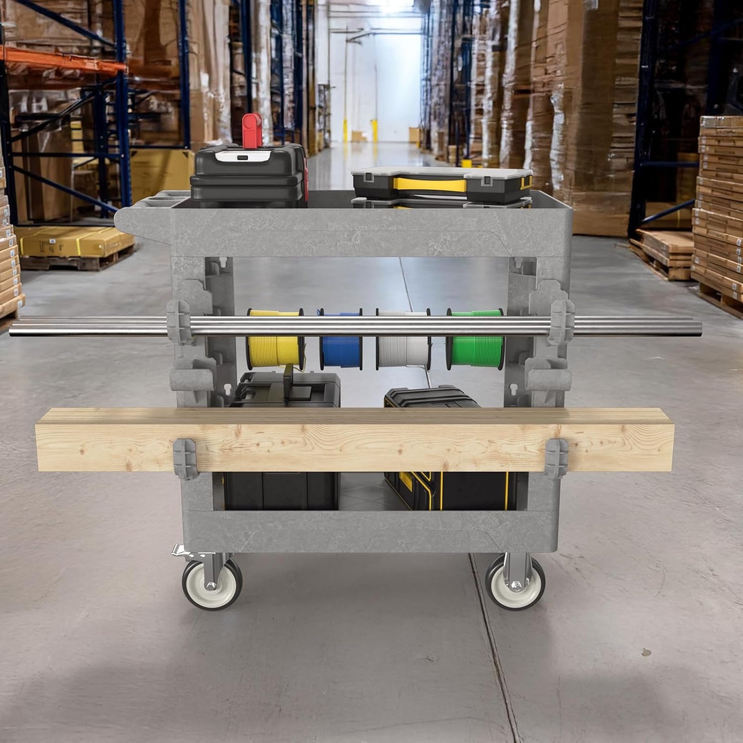 Heavy Duty Rolling Utility Cart with Wheels 2 Tier Utility Plastic Service Work Cart for Shop, Garage, Warehouse, Maintenance 550 lbs