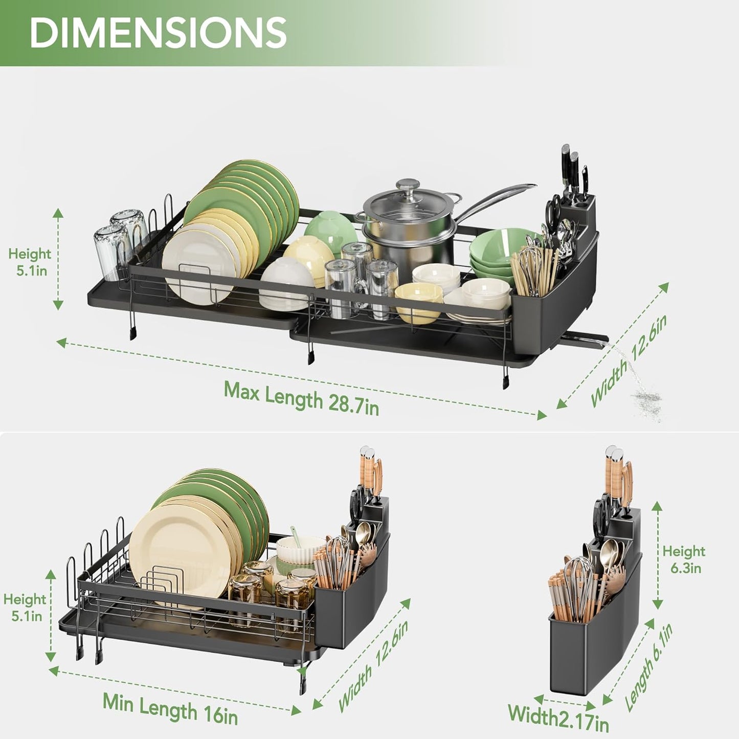 ROTTOGOON Expandable Dish Drying Rack,Multifunctional Adjustable Dish Drainer with Swivel Spout and Anti-Rust Dish Rack with Removable Cutlery & Cup Holders for Kitchen Counter,Black