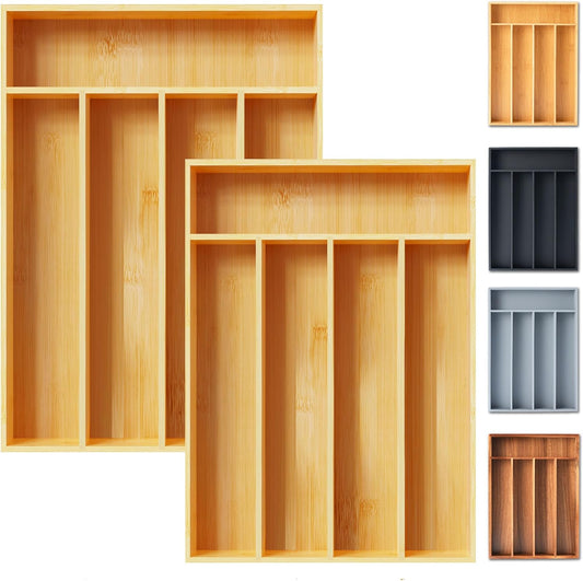 Silverware Organizer, 2 Pack 10 Inch Utensil Organizer Kitchen Drawer Organizer Bamboo Silverware Holder Cutlery Tray Organizer in Drawer Flatware Organizer Tray(5 slots, Natural）