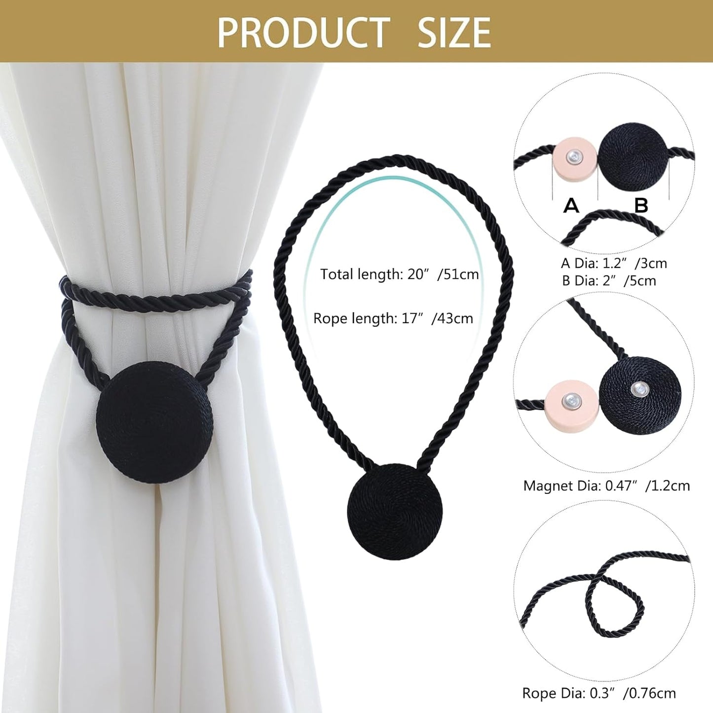 Magnetic Curtain Tiebacks - 12mm Magnetic Tie Backs for Curtains, Heavy Duty No Drill Curtain Holdbacks for Home/Office Windows Drapes, Elegant Gift-Ready Design 7 Colors (4, Black)