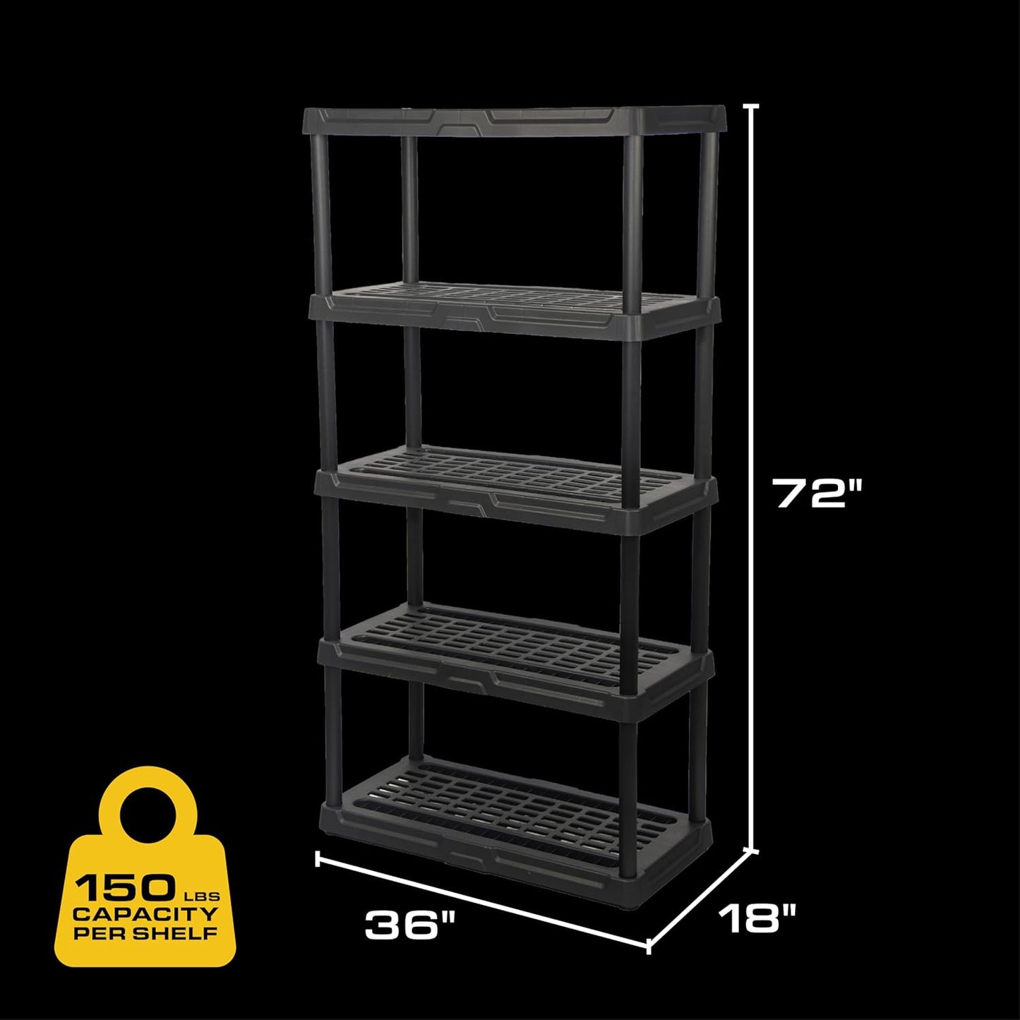 CX 5-Tier (72”H x 36”W x 18”D) Plastic Storage Shelving Unit (Black) 2 Pack, Heavy Duty, 150lbs Per Shelf Capacity, Indoor/Outdoor Storage Organization in Home, Garage, Office, Easy Assembly