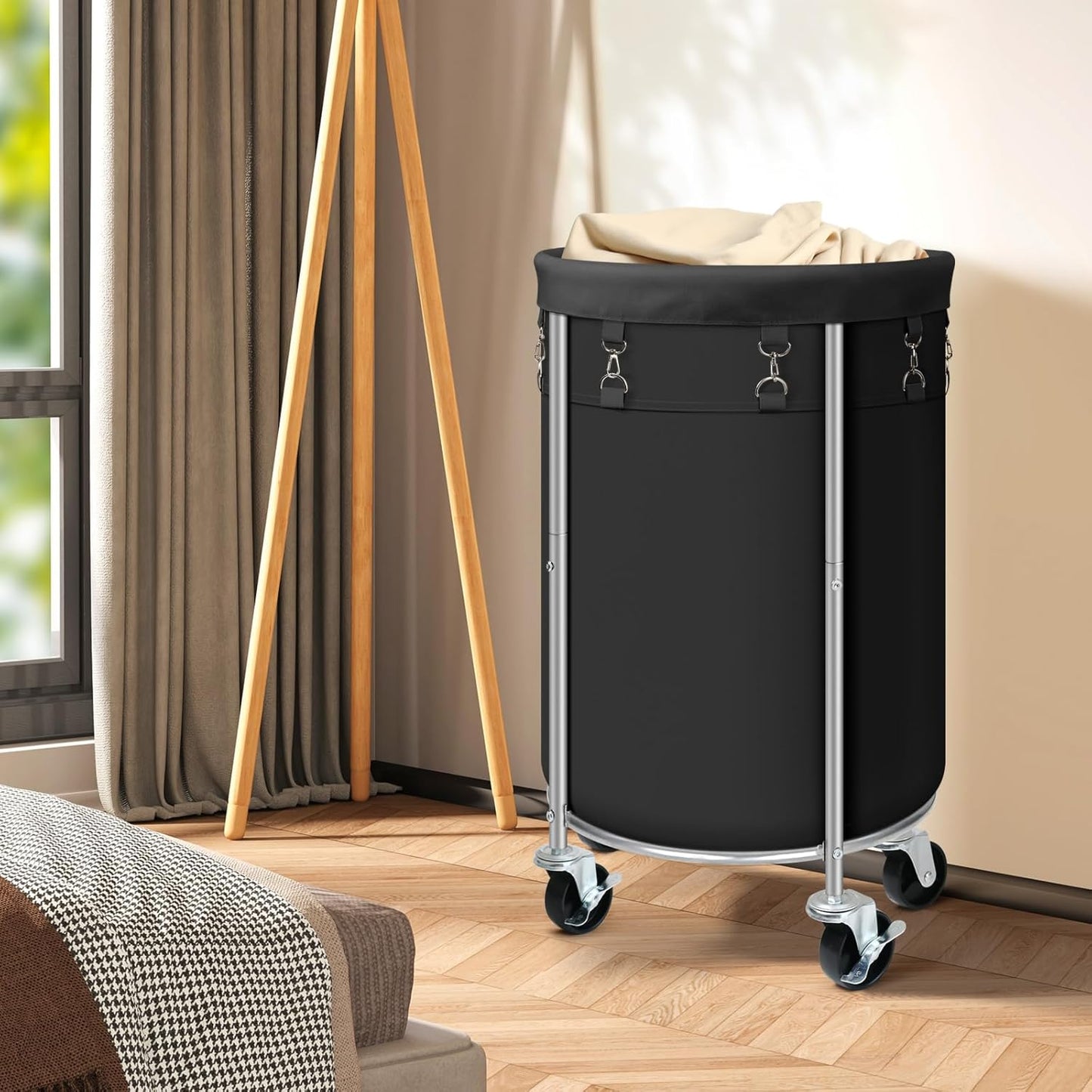 Laundry Hamper with Wheels, 100L Round Rolling Laundry Basket Sorter with Removable Bag, Clothes Cart Organizer with Steel Frame for Bedroom, Bathroom, Laundry Room, Black