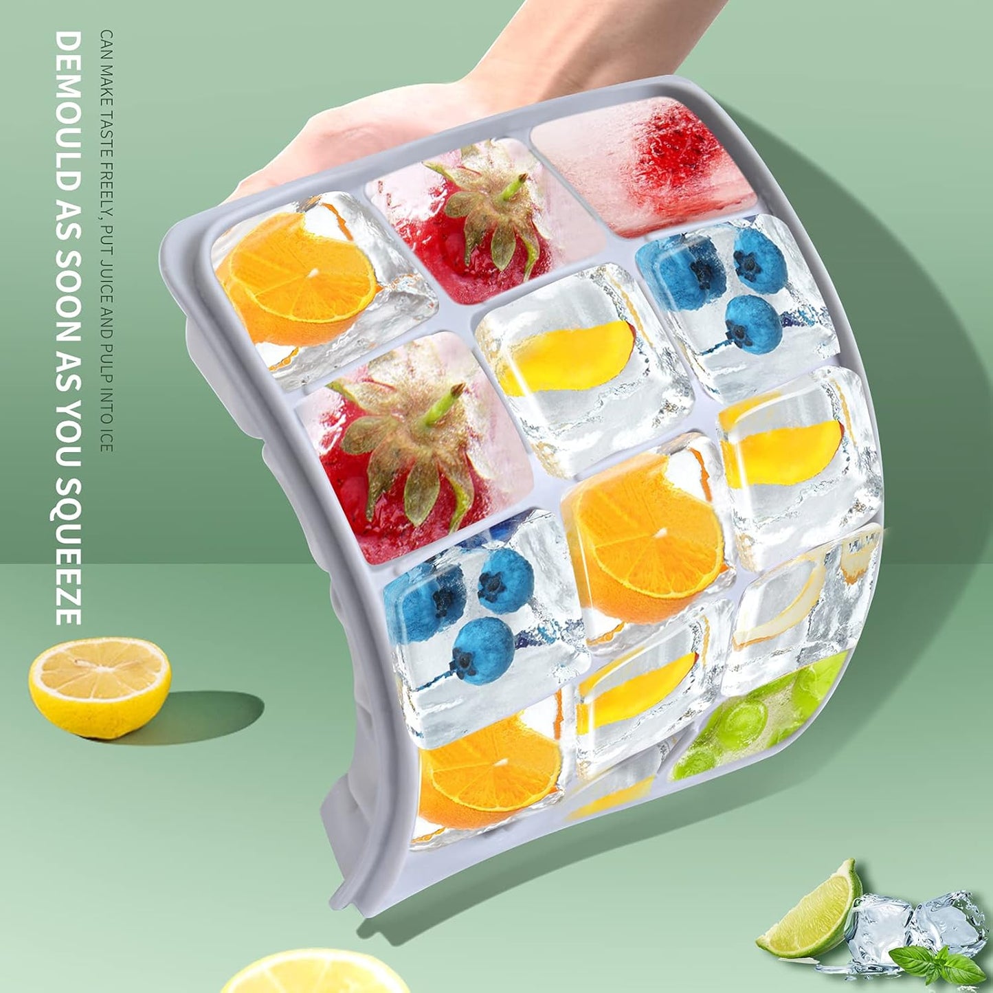 Ice Cube Trays Set of 2, Easy Release 15 Flexible Silicone Ice Cube Molds with Removable Lid Reusable Freezer Ice Trays Stackable for Whiskey, Baby Food, BPA Free (BLUE+GRAY)