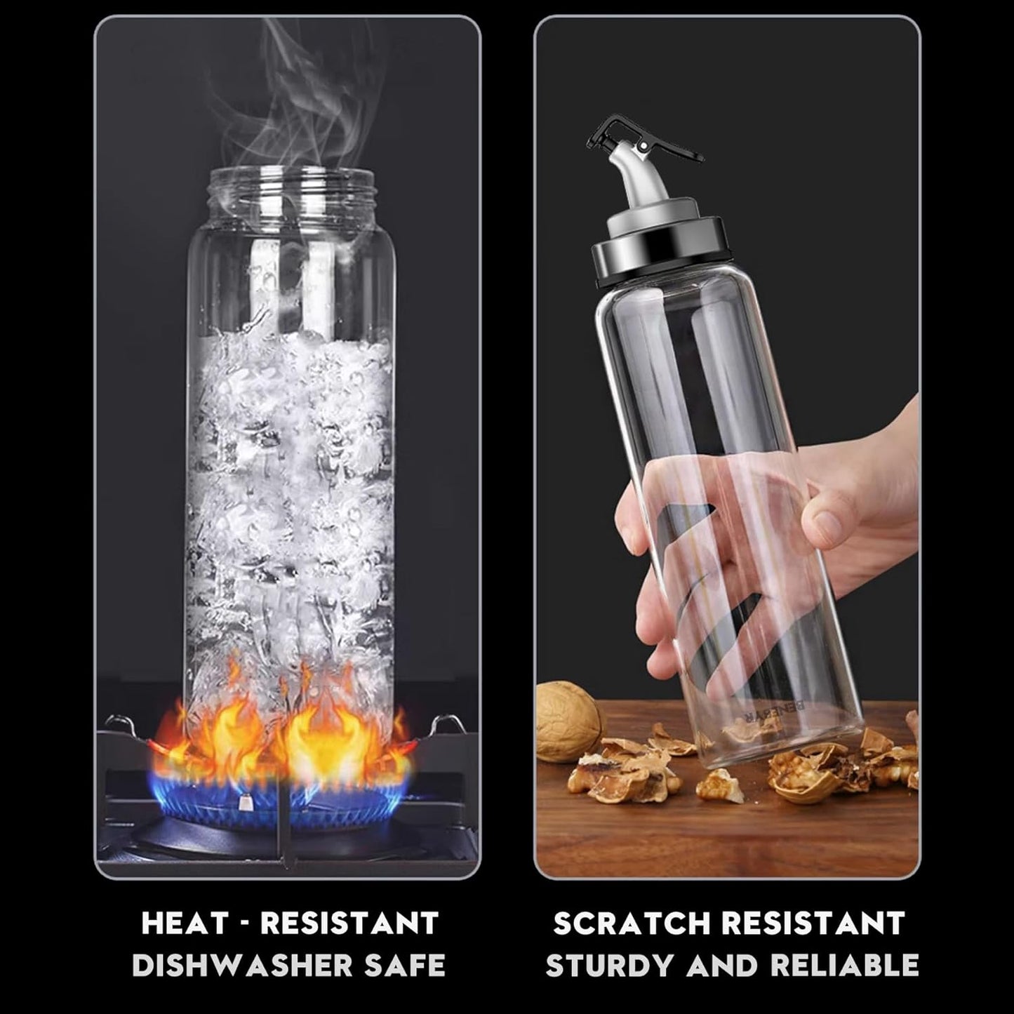 Glass Olive Oil Dispenser Bottle with Leakproof Pourer Spout and Shatterproof Rubber Bottom, Cooking Oil Dispenser Bottle for Kitchen 17 oz Heat Resistant Olive Oil Bottle