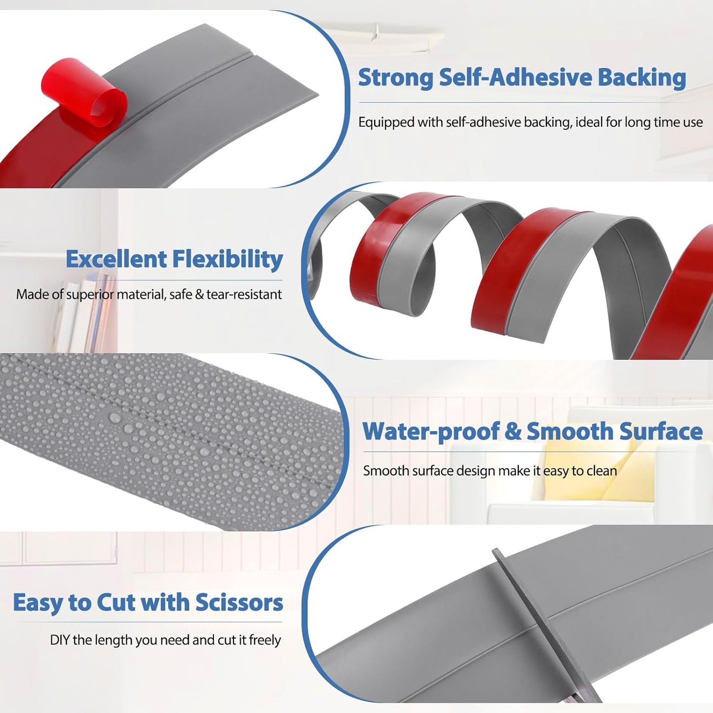 Weather Stripping Door Draft Stopper Flexible Self Adhesive Silicone Door Seal Strip for Glass Doors Windows and Shower Glass Gaps, 2 Inch Wide X 40 Feet Long, Gray