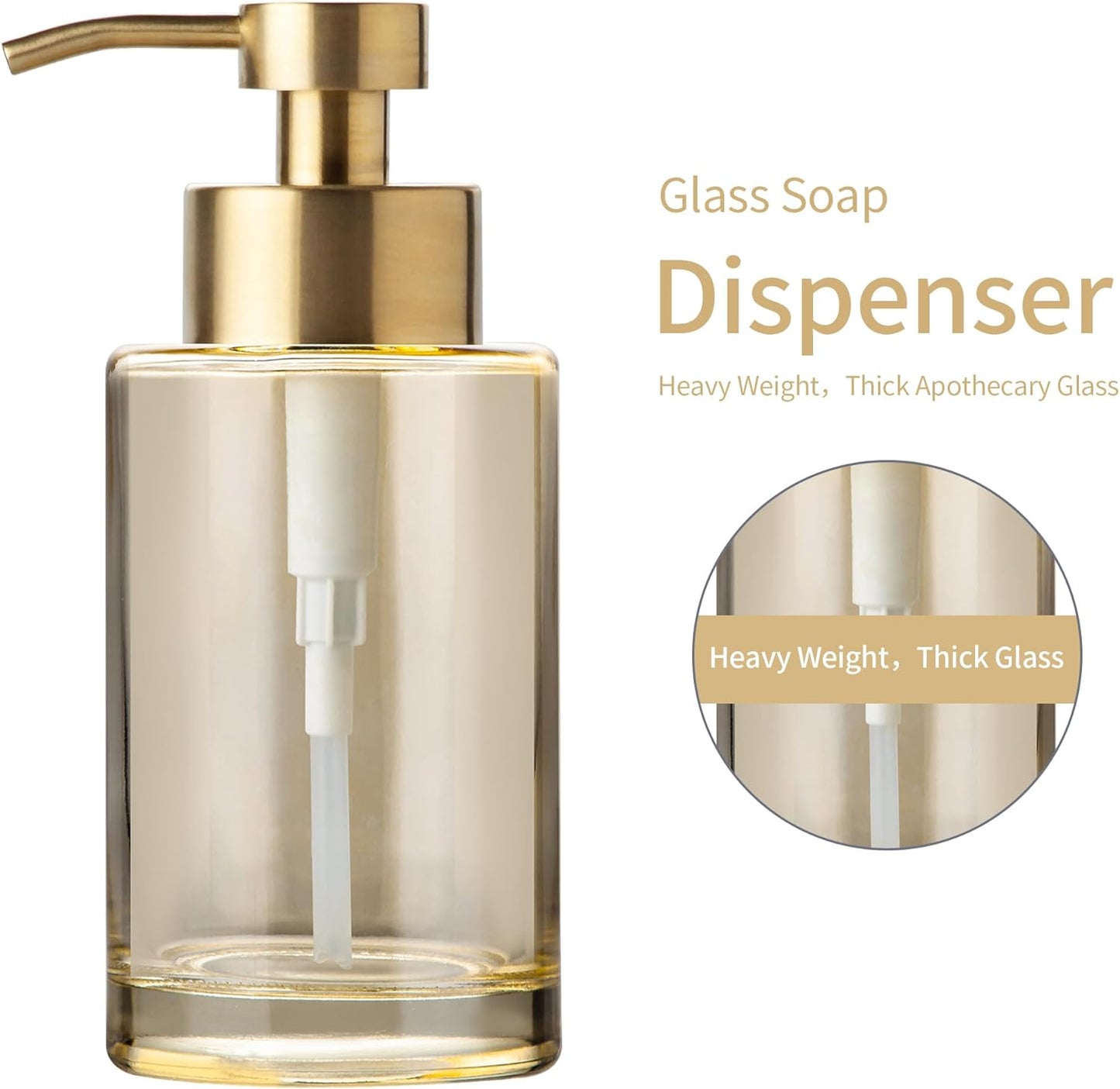Enra Gold Foaming Soap Dispenser, 12oz Thick Glass Bathroom & Kitchen Dispenser with Stainless Steel Pump