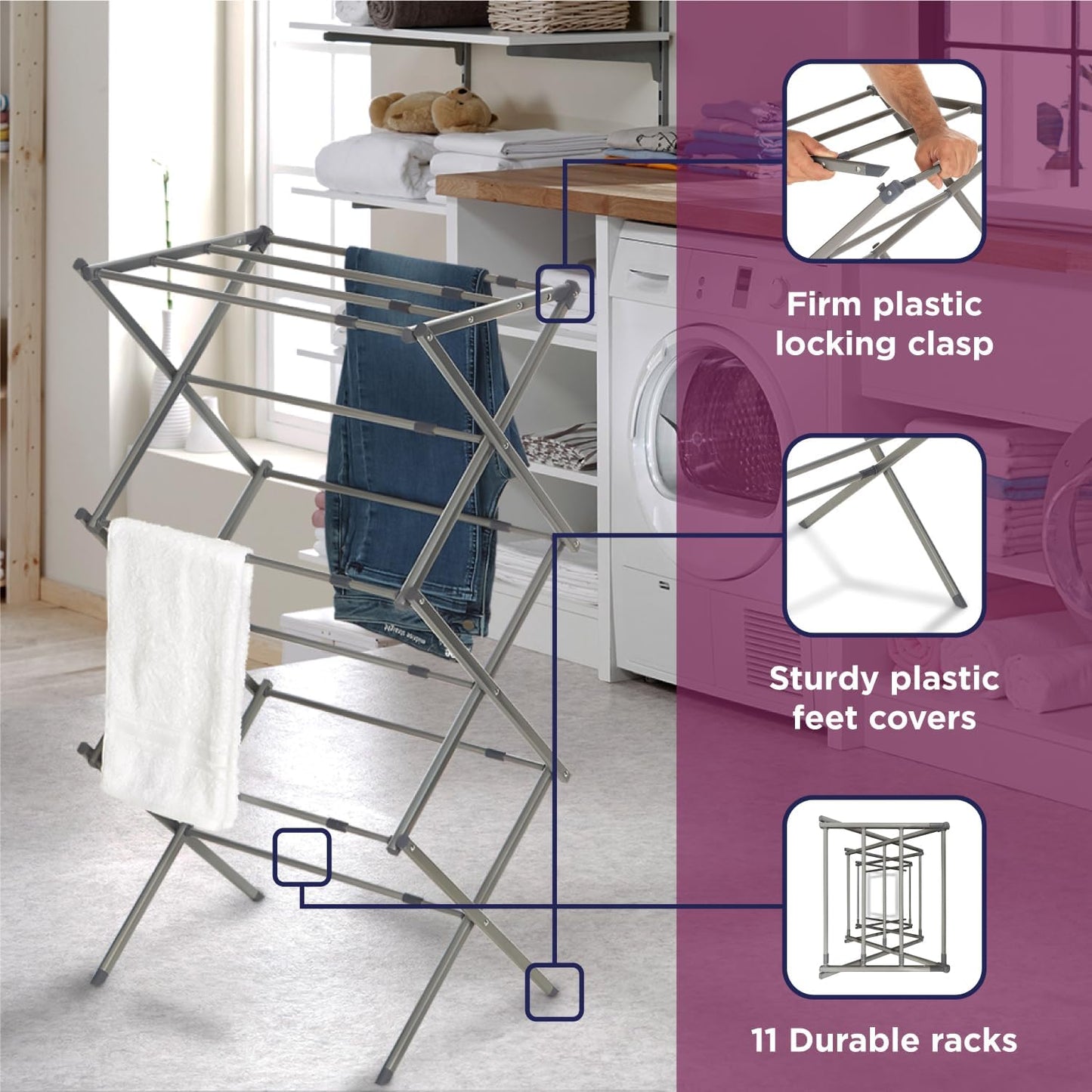 BLACK+DECKER 3 Tier Expandable Collapsing Foldable Laundry Rack for Air Drying Clothing, Space Saving Heavy Duty Lightweight Metal Drying Rack(Silver)
