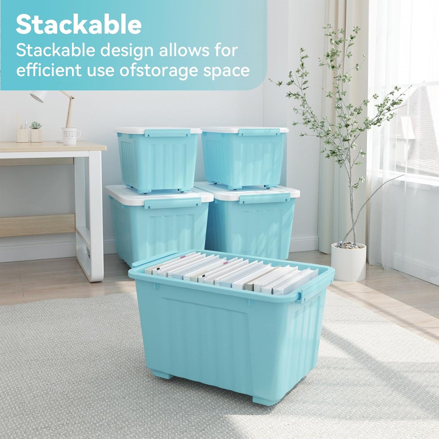 Nazhura 97 Quart Plastic Storage Bin, Stackable and Nestable Storage Boxes with White Lids and Secure Latching Buckles, Large Storage Container (Blue, 97Quart-6Pack)