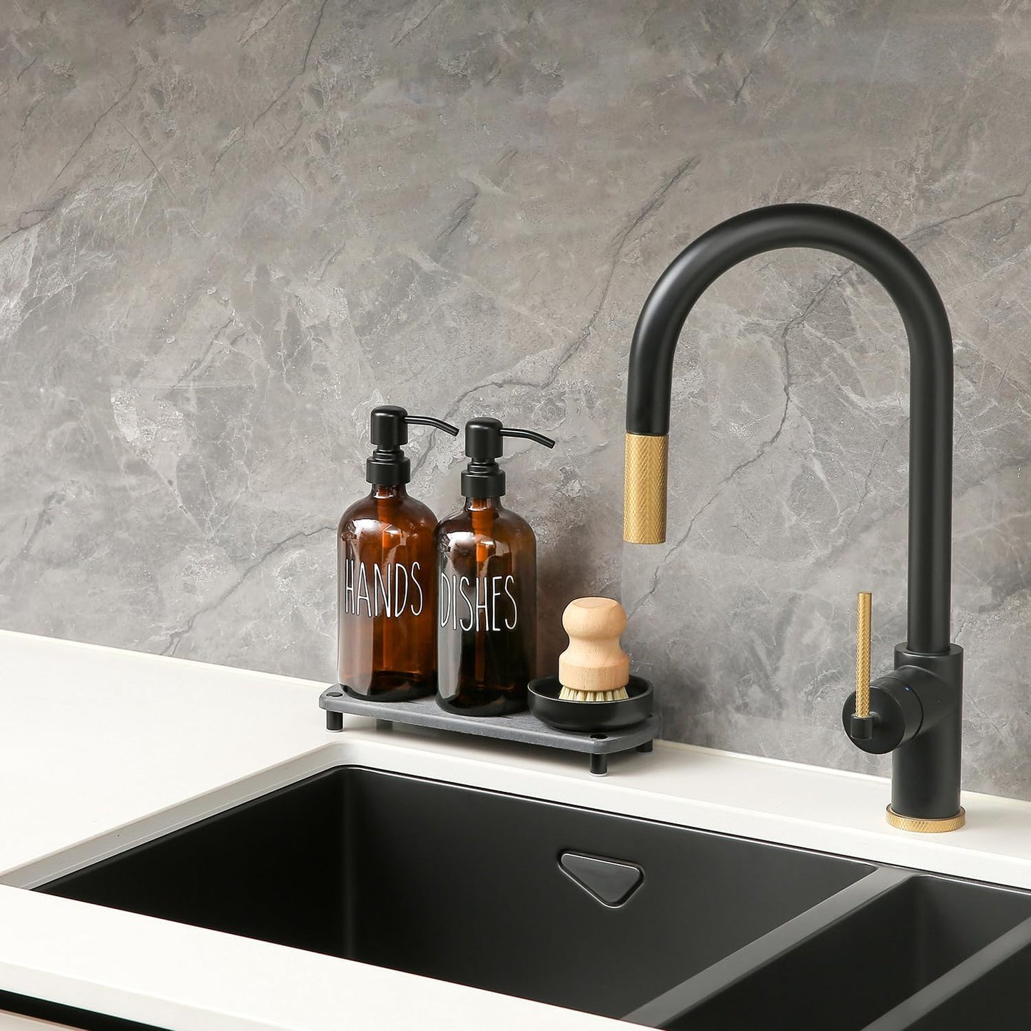 MOMEEMO Amber Glass Soap Dispenser Set Comes with Stainless Steel Pumps, Instant Dry Tray, and Dish Scrub Brush, Suitable for Soap Dispenser for Kitchen Sink. (Amber)