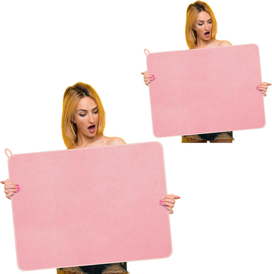 Hushee 2 Pack Extra Large Dish Drying Mat Microfiber Absorbent Dish Drying Pad Large Size Dishes Drainer Mats for Countertop, Sink, Refrigerator or Dryer (30 x 24 Inch,Pink)