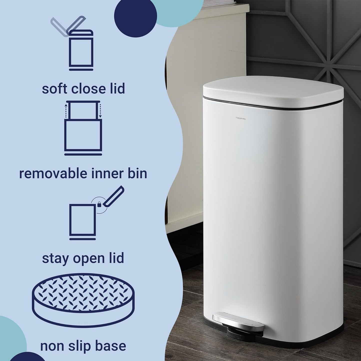 happimess HPM1011C Curtis 8-Gallon Step-Open Trash Can with Soft-Close Lid, Modern, Minimalistic, Fingerprint Proof for Home, Kitchen, Laundry Room, Office, Bedroom, Bathroom, White