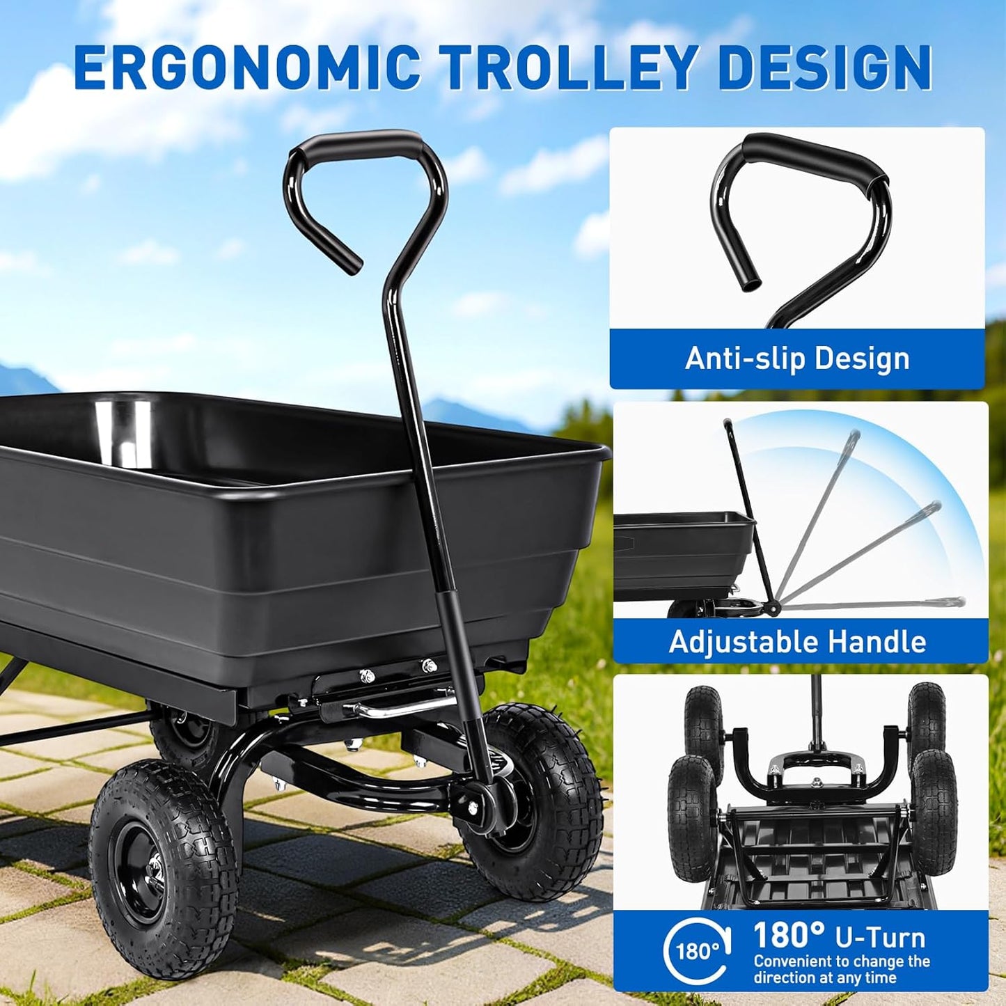 Yesker Garden Carts - 900lbs Dump Wagon with All Terrain Inflatable Wheels for Yard Lawn Farms Gardening - Heavy Duty Utility Outdoor Hauling Wheelbarrow