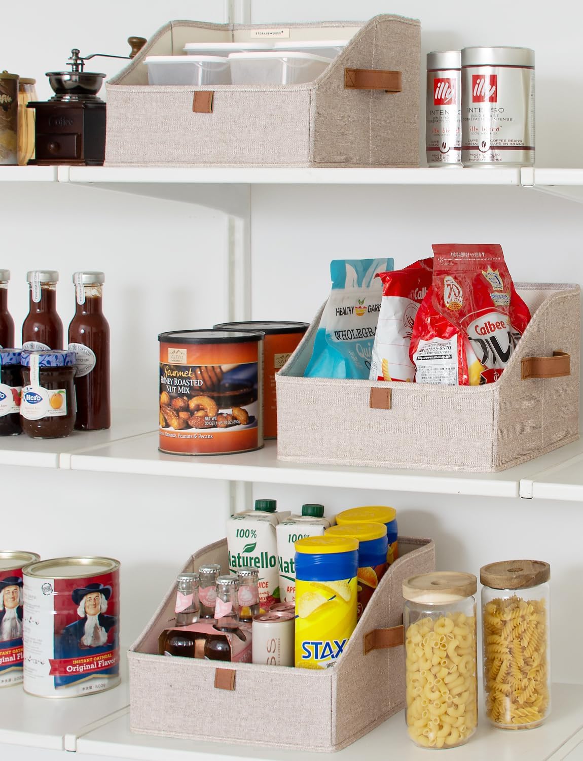 StorageWorks Closet Storage Bins, Trapezoid Organizer Box for Shelves, Fabric Clothes Bin, Foldable Organizing Baskets with Handles, Small, Brown and Beige, 3-Pack