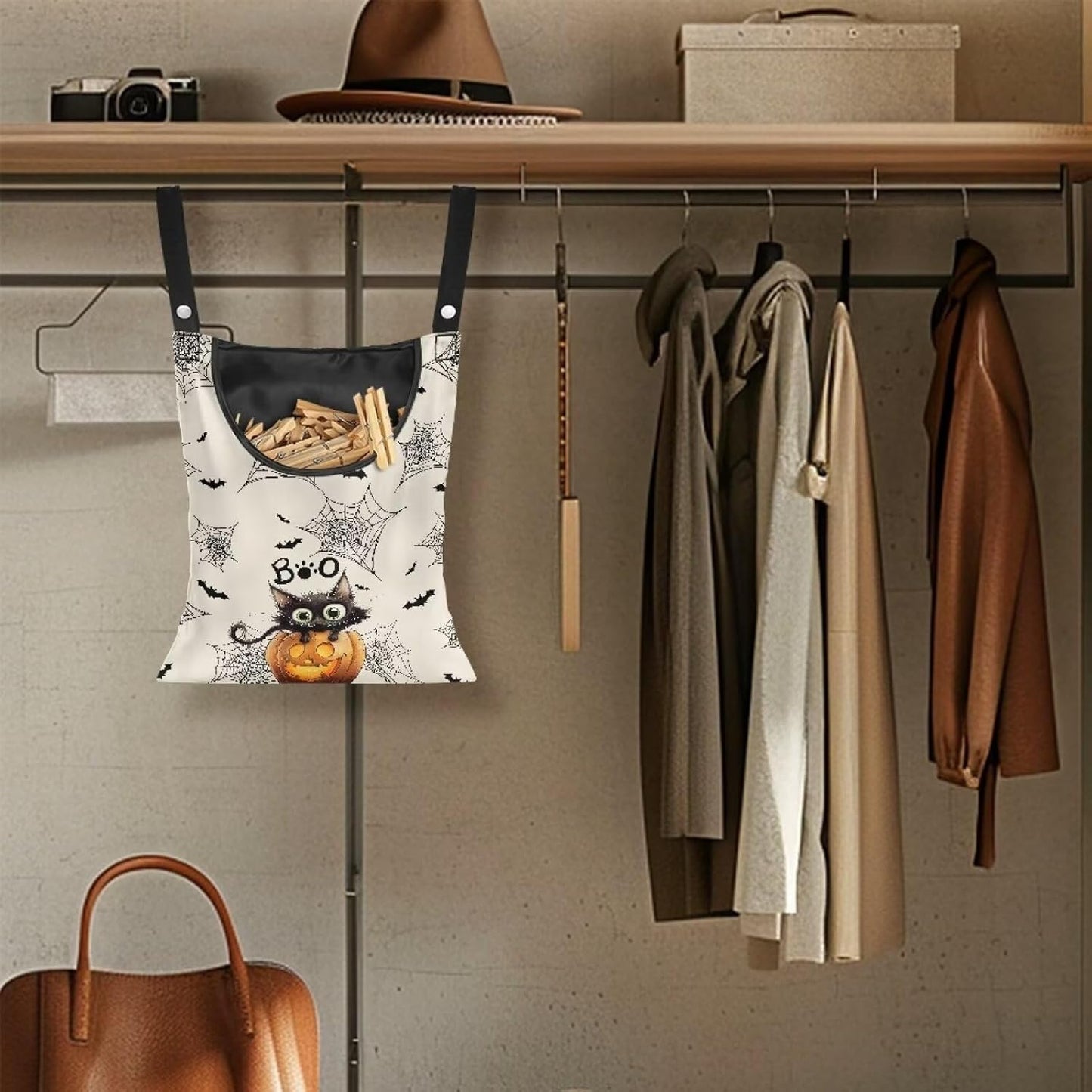 Cute Cat Space-Saving Laundry Clothespin Bag Pumpkin Waterproof Polyester Material, 2 Rope for Hanging and Effortlessly Sliding on The Clothesline Clothespin Holder for Outdoor