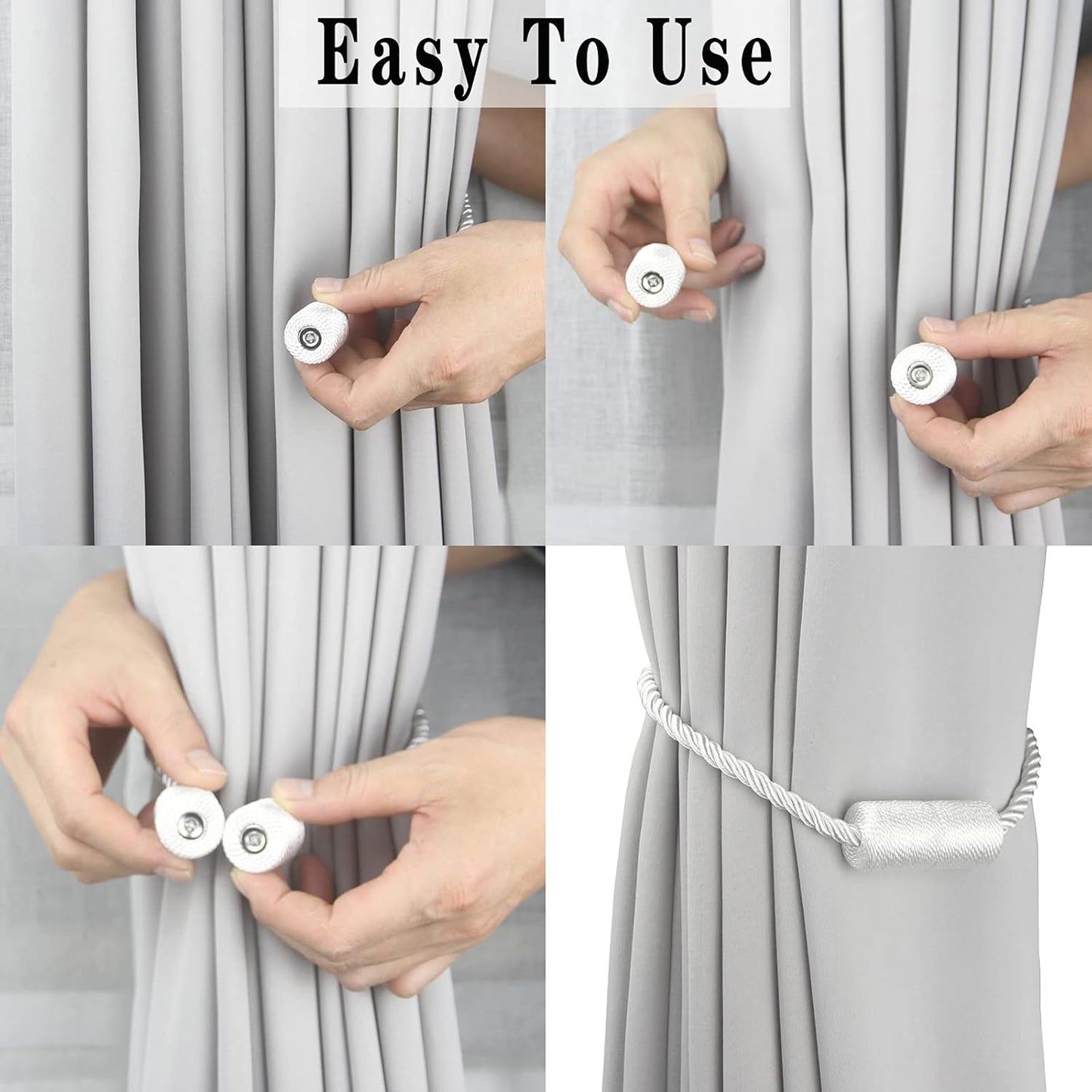 6 Pack White Strong Magnetic Curtain Tiebacks Outdoor Elegant Decorative Tie Backs Modern Rope Tiebacks for Drapes Window Curtain Holdbacks for Draperies
