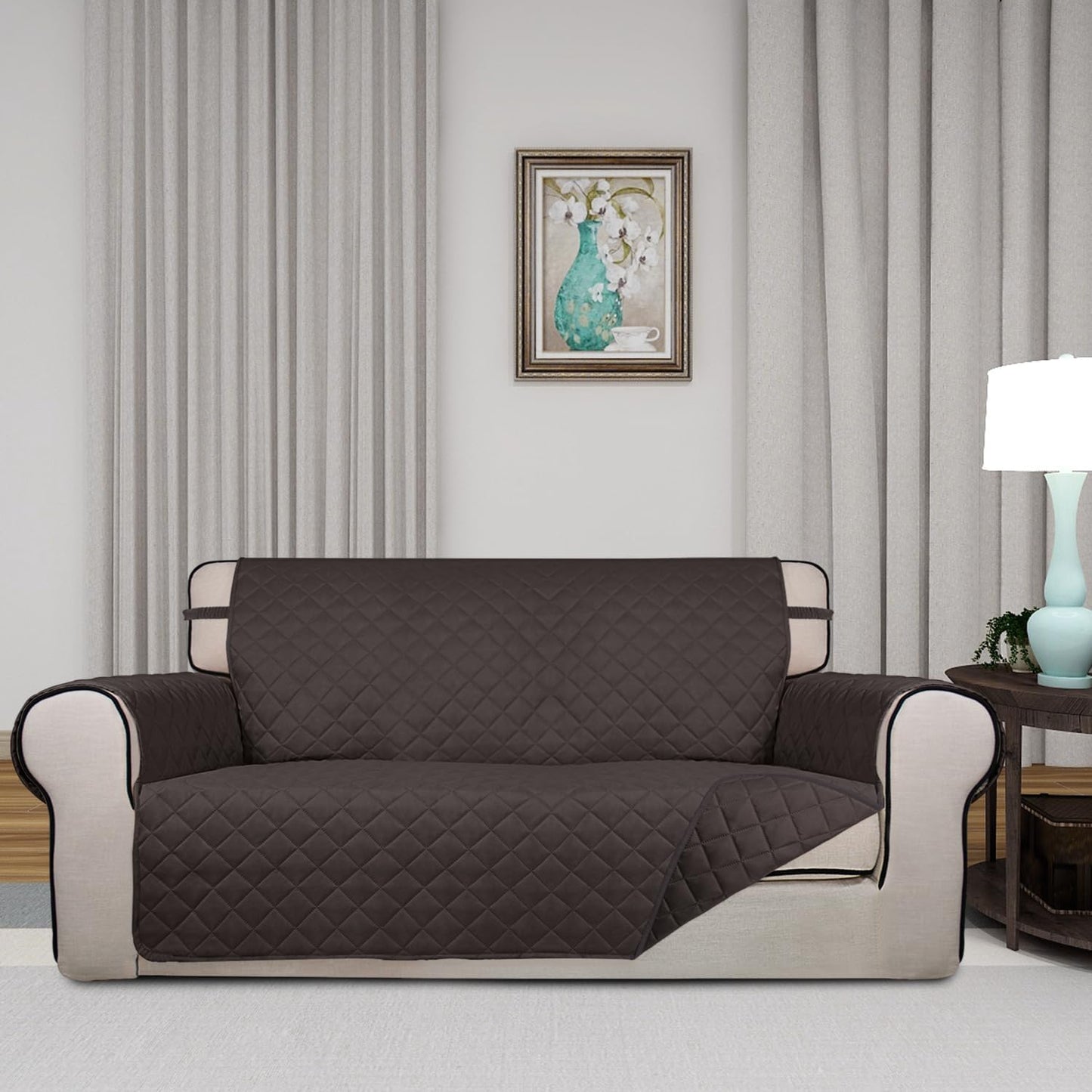 PureFit Reversible Quilted Sofa Cover, Water Resistant Furniture Protector, Washable Couch Cover with Non Slip and Elastic Straps for Kids, Dogs, Pets (Oversized Loveseat, Chocolate/Chocolate)