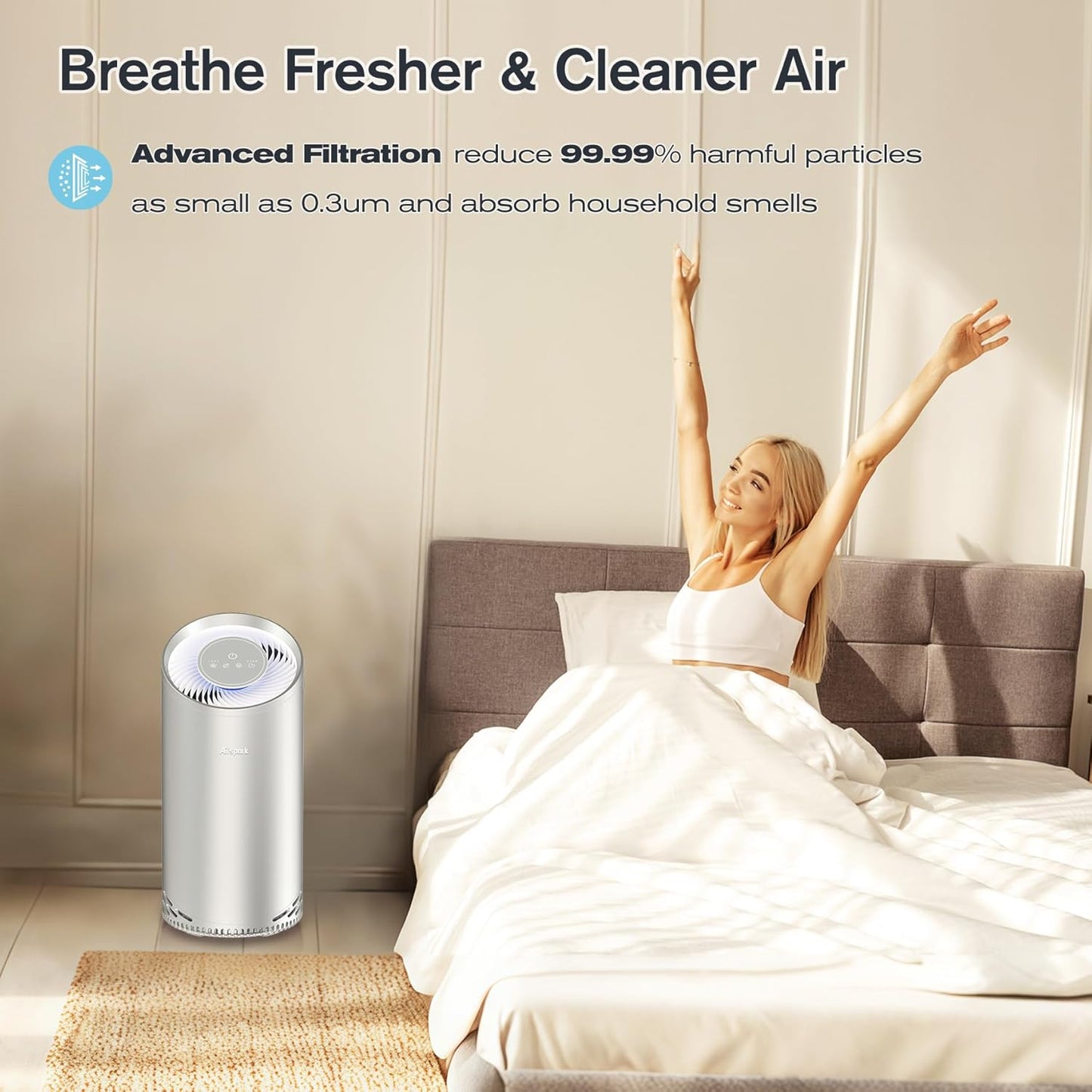 Aluminum Housing Air Purifiers for Home Bedroom Cover 1375ft². Washable Pre-Filter HEPA Air Purifier for Pets Hair Dander Odors, Filter 99.99% Smoke Dust Dander Pollen, Night Light Sleep Mode
