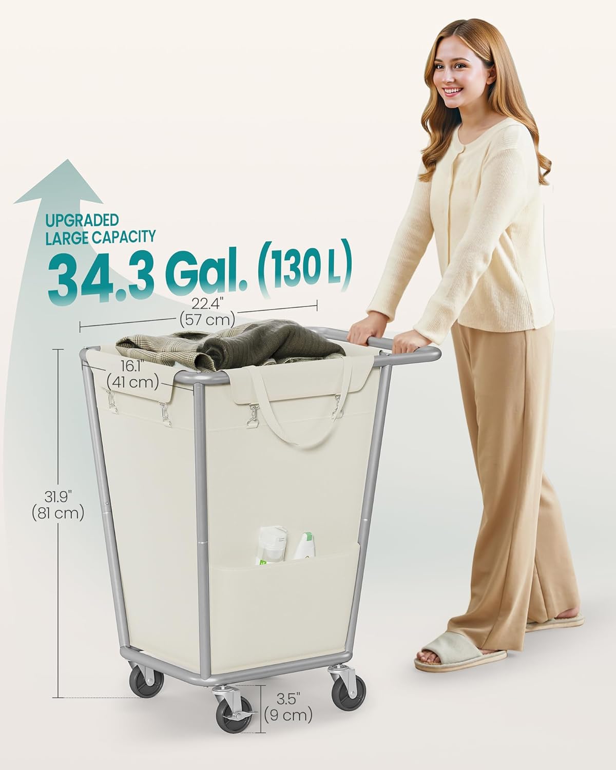 SONGMICS Laundry Basket with Wheels, 34.3 Gallons (130 L) Rolling Laundry Hamper with Removable Bag, Heavy-Duty Steel Frame with Handle, Cream White URLS008W01