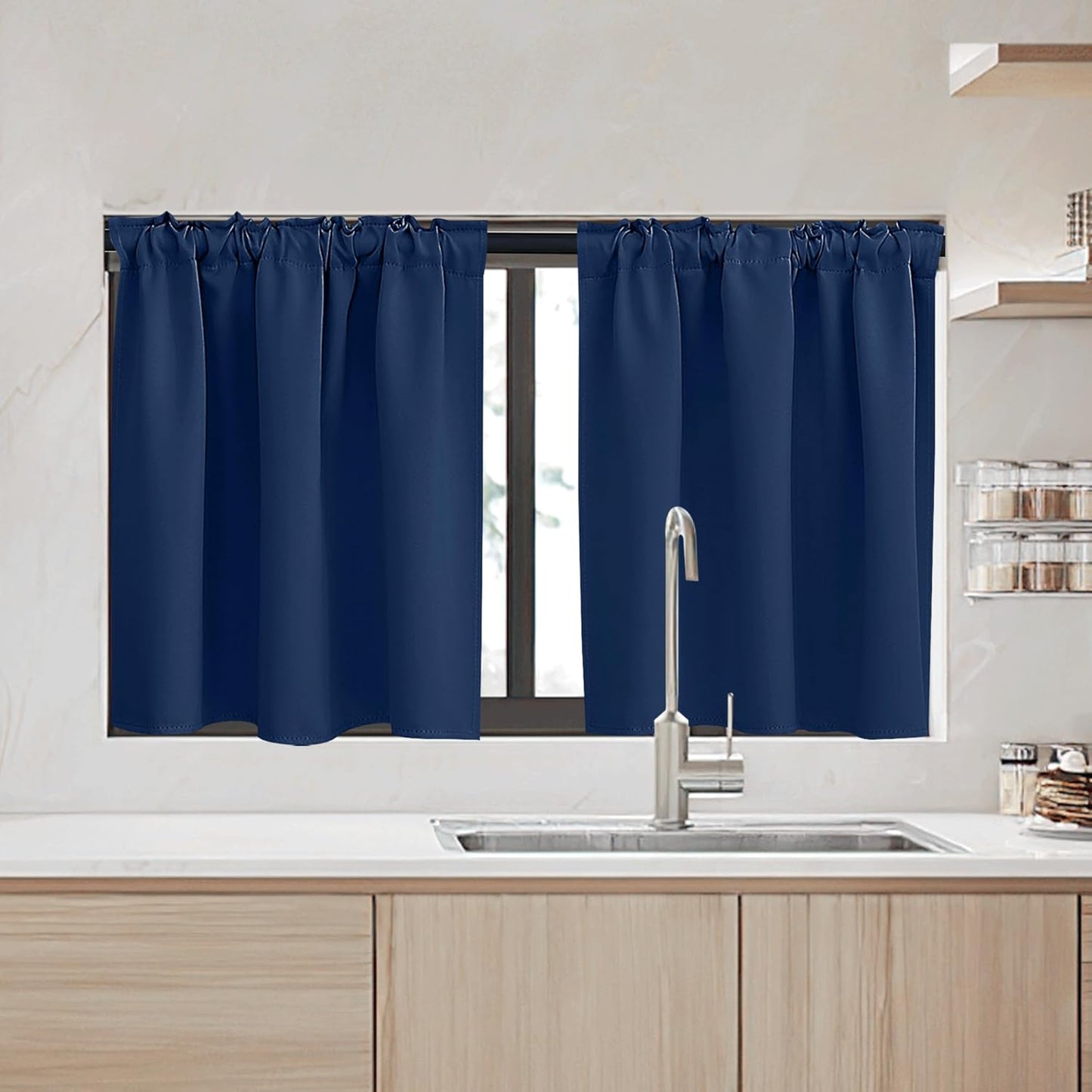 RYB HOME Small Window Curtains - Blackout Insualting Privacy Curtains for Kids Bedroom Kitchen Bathroom Basement Cafe Cabinet Tiers Drapes, 34 Width x 24 Length, 2 Panels, Navy Blue