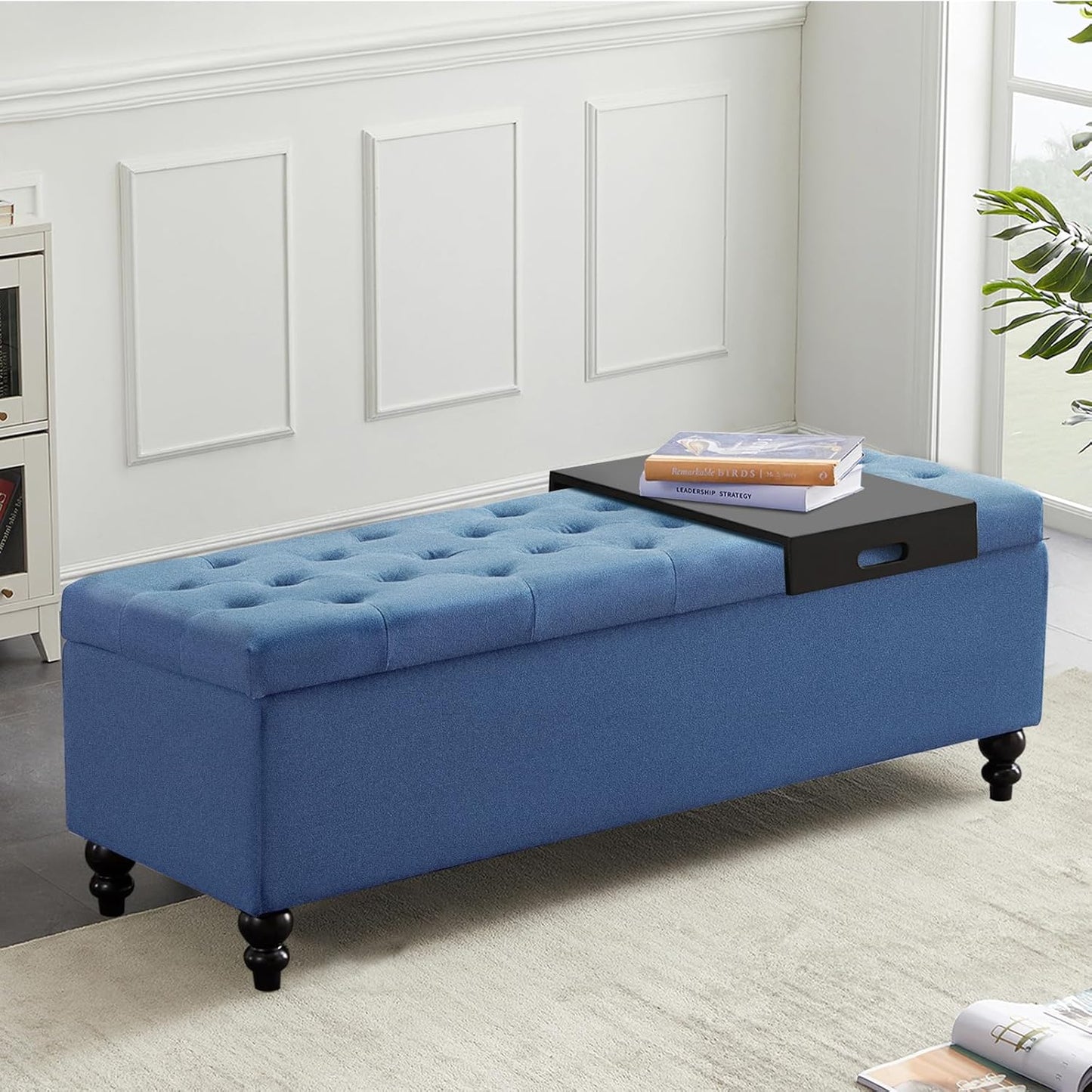 Storage Ottoman 50.2 Inches Upholstered Fabric Storage Ottoman Bench，Button Tufted Ottoman with Storage for Living Room (Blue-TP)