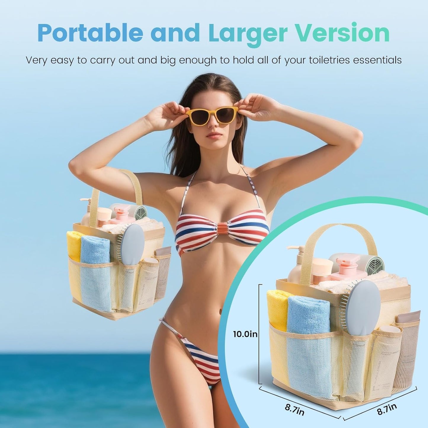 Mesh Shower Caddy for College Dorm Room Essentials for Girls with 9 Pockets,Large-Capacity Shower Basket,Quick Dry Toiletry Tote Bag for Women,Outdoor Gym,Travel,Swim,Beach Camping Essentials-Beige