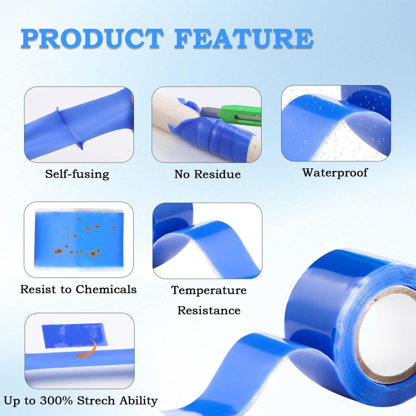 Self Fusing Silicone Tape 1 in x 5' Blue Waterproof Rubber Leak Proof Sealing Silicone Rubber Self-amalgamating Tape for Emergency Hot and Cold Water Pipe Repairs and Tool Fixation