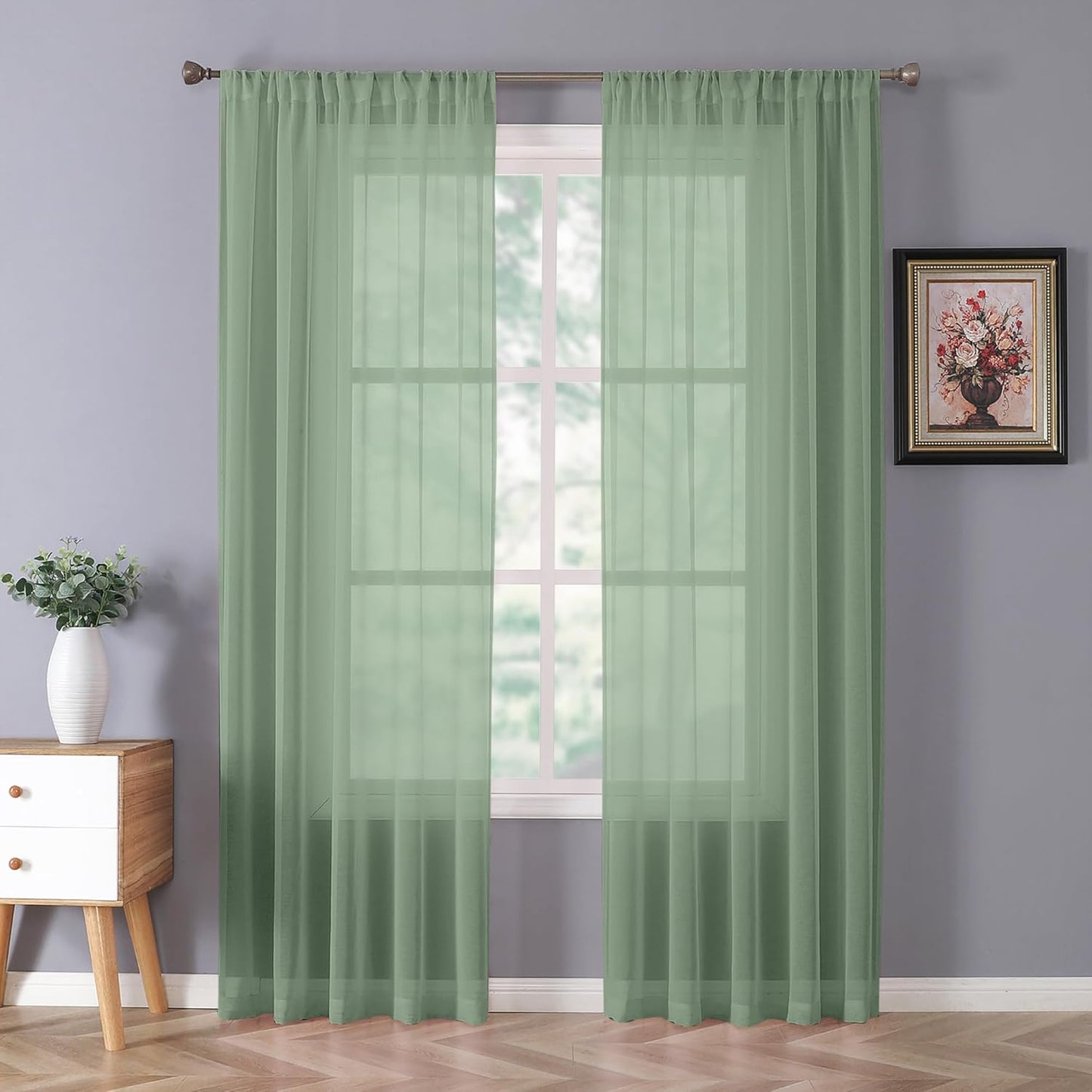 Tollpiz Sheer Curtains Linen Textured Bedroom Curtain Sheers Light Filtering Rod Pocket Voile Curtains for Living Room, 54 x 84 inches Long, Sage Green, Set of 2 Panels