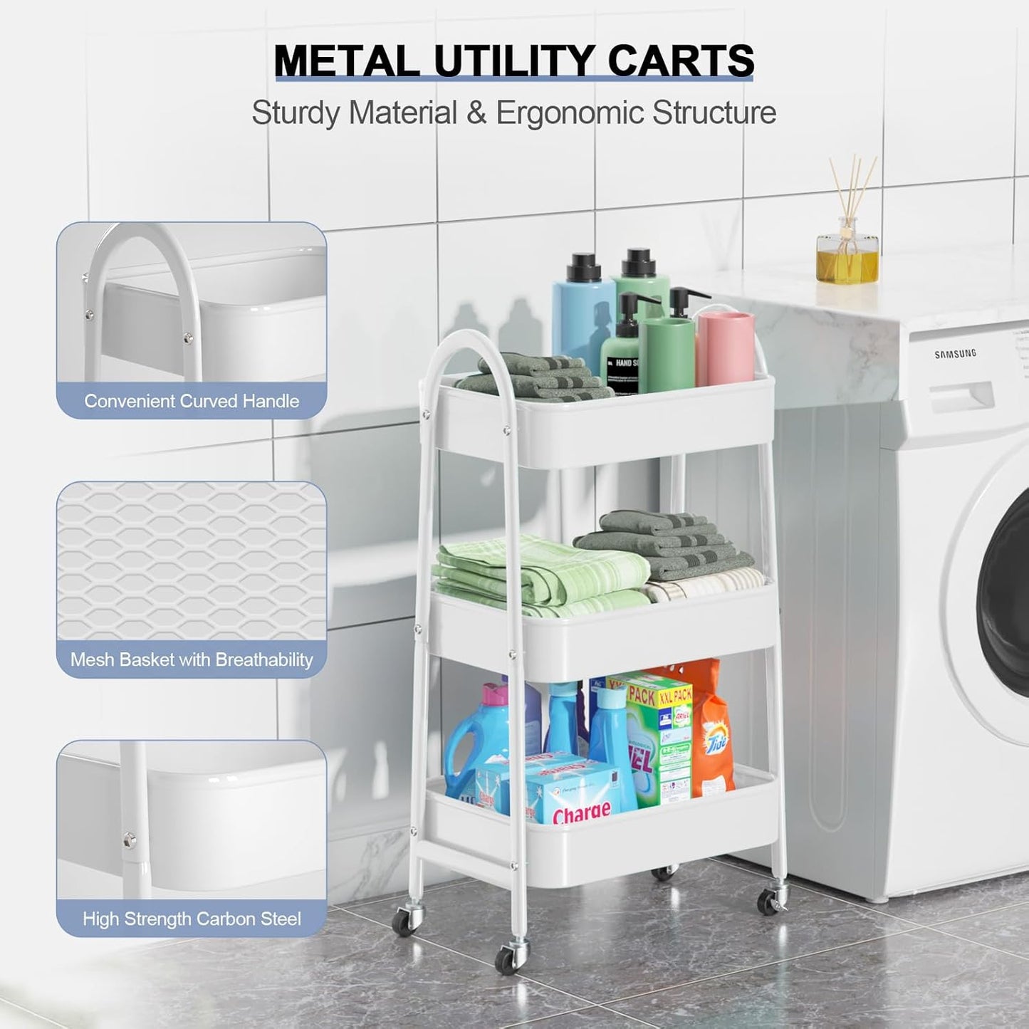 EAGMAK 3 Tier Utility Rolling Cart, Metal Storage Cart with Handle and Lockable Wheels, Multifunctional Storage Organizer Trolley with Mesh Baskets for Kitchen, Living Room, Office, Garage (White)