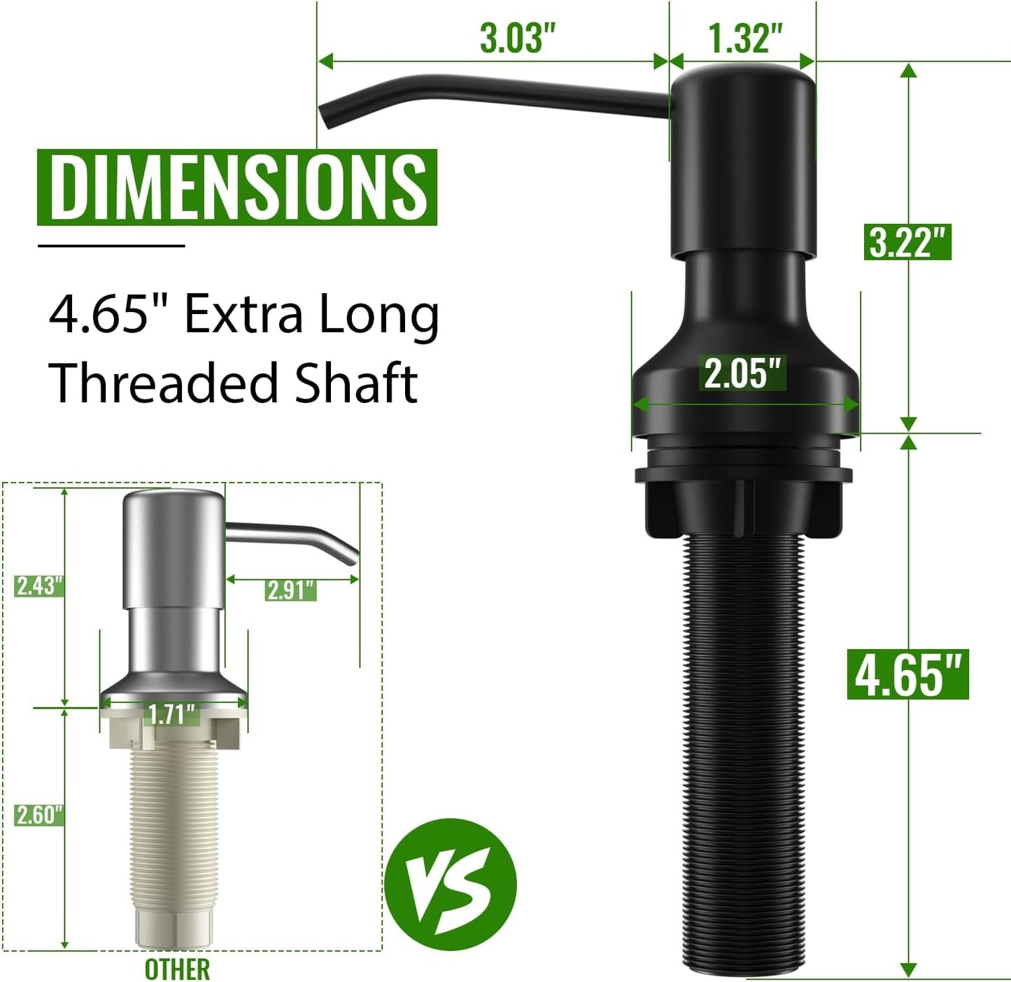 Soap Dispenser for Kitchen Sink, Kitchen Sink Soap Dispenser with 17 OZ Bottle, Refill from The Top Bar, Longer Threaded Shaft Shank, Wide Pump Head Base (Black)