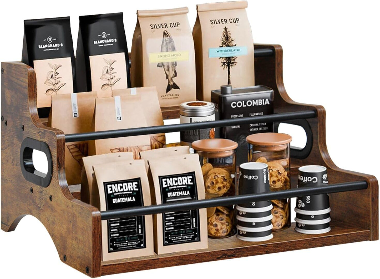 AT-VALY 3-Tier Spice Rack, Iron&MDF Kitchen Storage Shelf, Space-Saving Countertop Organizer for Spices, Herbs, Seasonings, Sturdy Stylish Condiment Holder,Countertop Wine Rack (Rustic Brown)