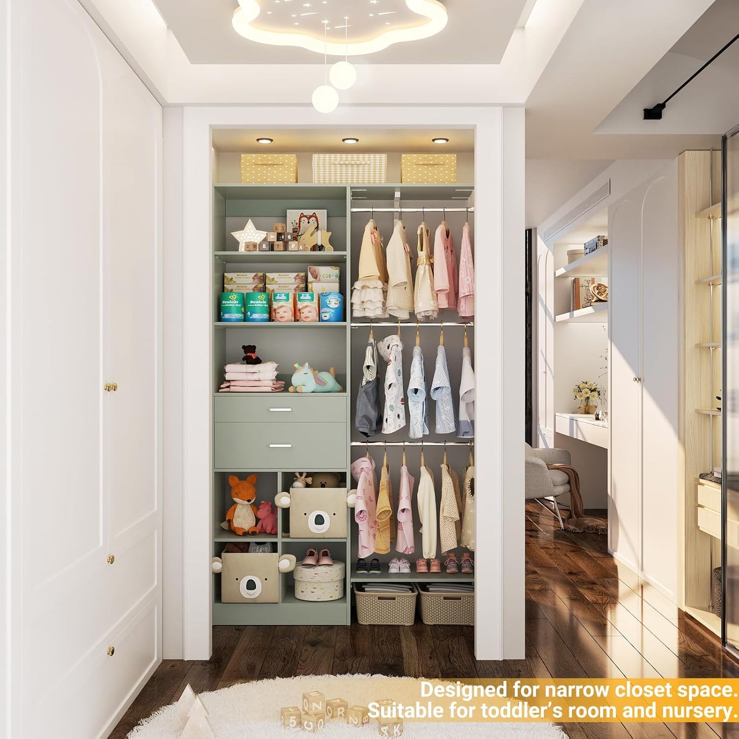 5FT Small Closet System, Baby Closet Organizer System with Wooden Drawers, 60 Inches Walk in Closet System with 5 Hanging Rods and 3 Reversible Hanging Shelving, Crab Green