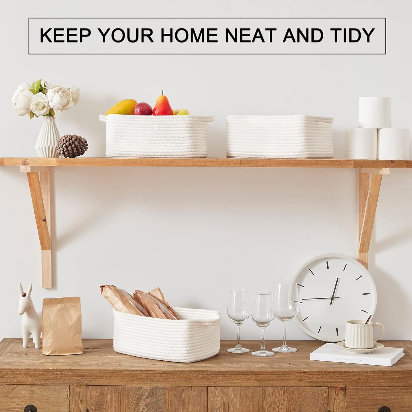 OIAHOMY Cotton Rope Storage Baskets | Decorative Storage Basket for Closet Storage, Home Organizing Bins and Nursery Decor | Cotton Rope Woven Baskets for Storage Shelf, Pure and White