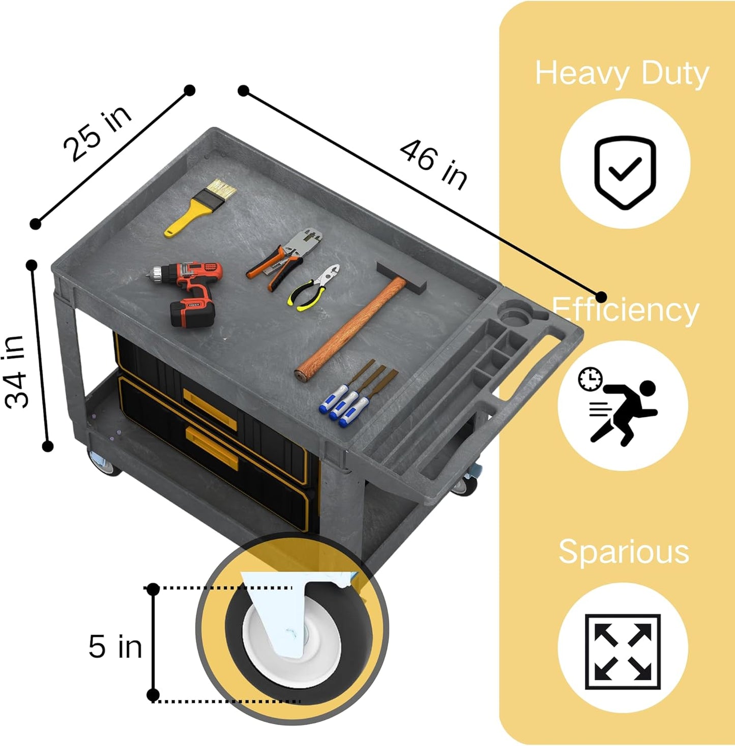 DWVO Service Utility Cart on Wheels, 45 X 25 in 550 LBS Heavy Duty Rolling Cart Plastic Work Cart for Warehouse Garage School & Office Cleaning